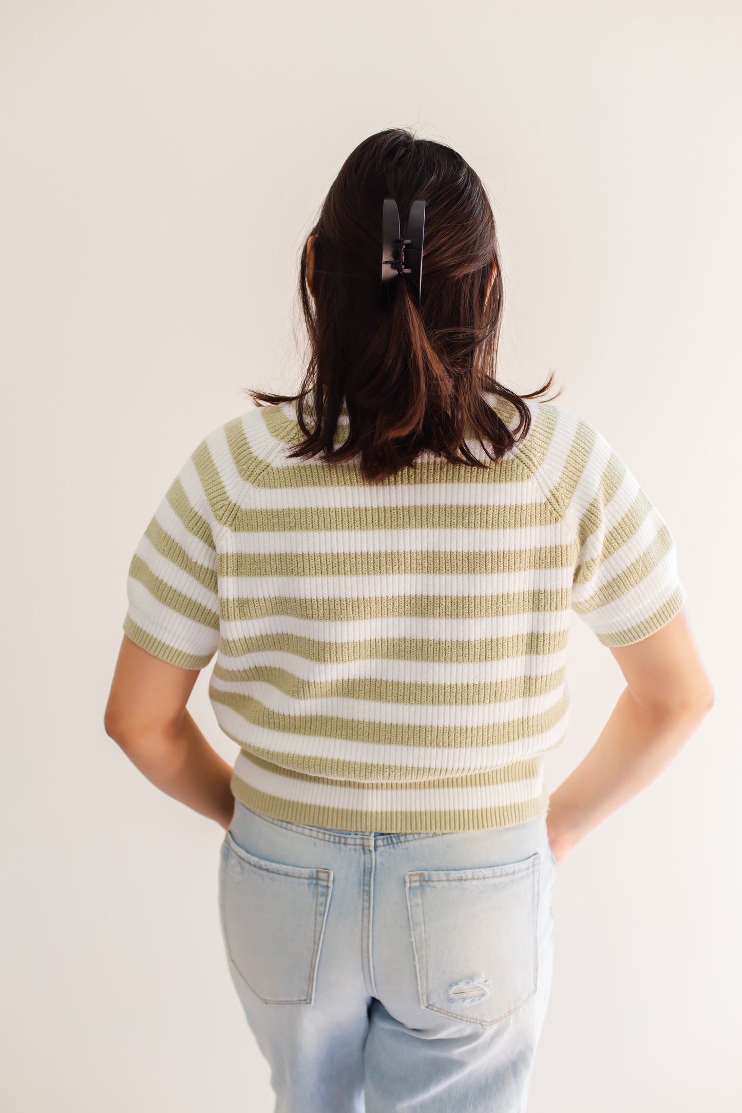 Raglan Short Sleeve Crew Neck  Sage & White Stripped Boxy Sweater