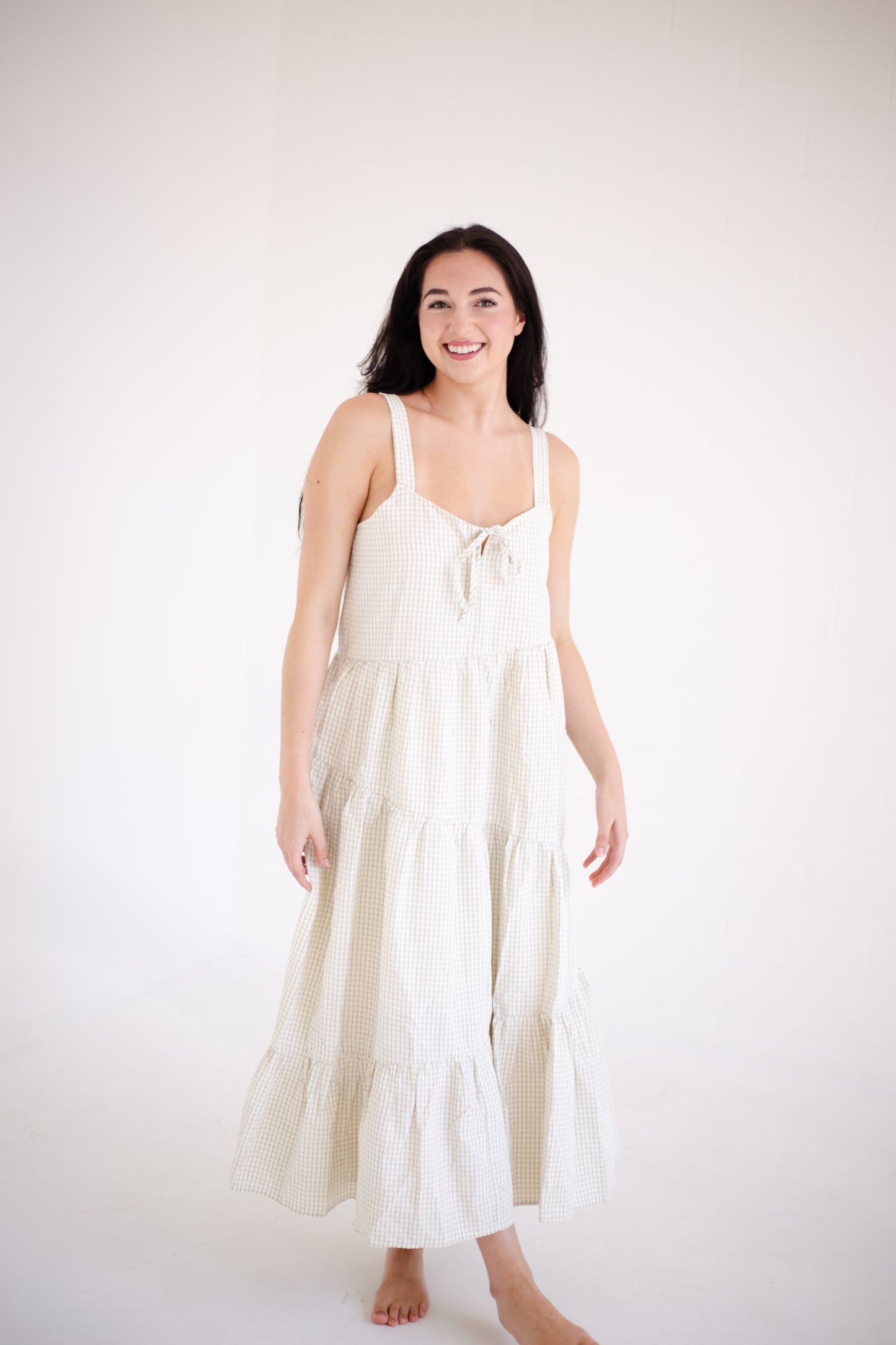 Taupe & Cream Plaid Asymmetrical Tiered Midi Dress