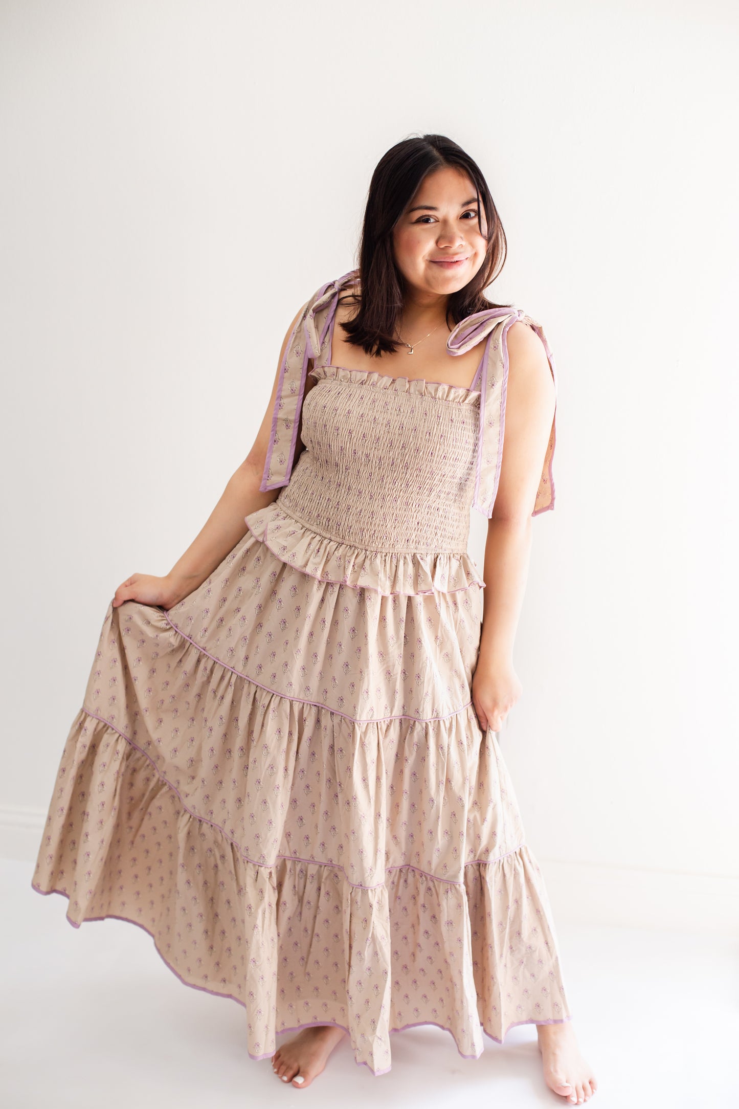 Taupe Floral Smocked Bodice Tiered Midi Dress