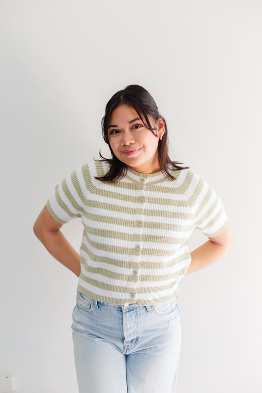 Raglan Short Sleeve Crew Neck  Sage & White Stripped Boxy Sweater