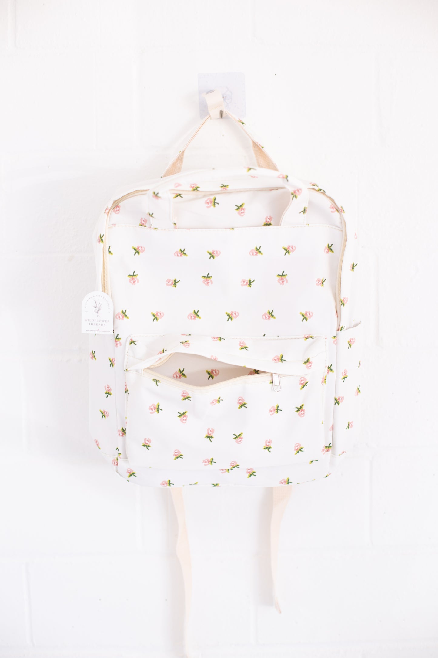 Cream Rose Print Canvas Backpack