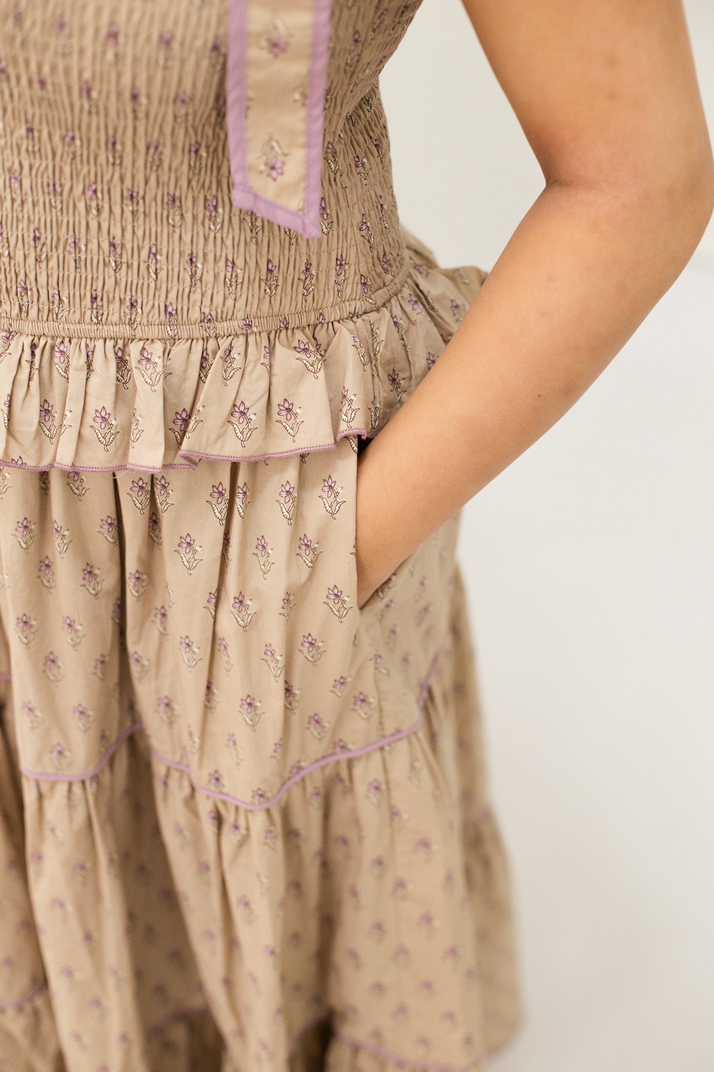 Taupe Floral Smocked Bodice Tiered Midi Dress
