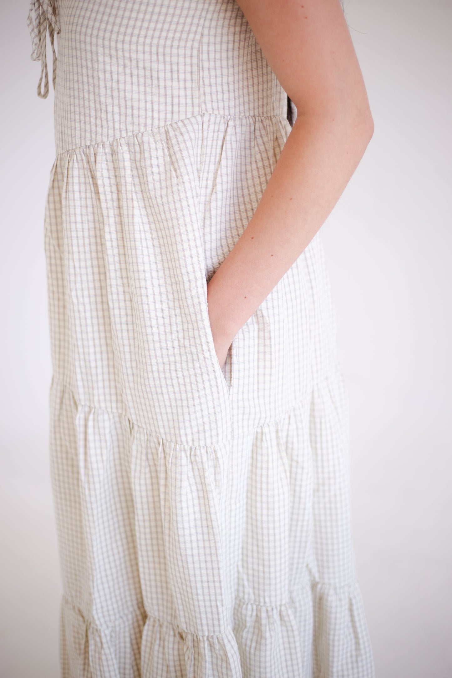 Taupe & Cream Plaid Asymmetrical Tiered Midi Dress