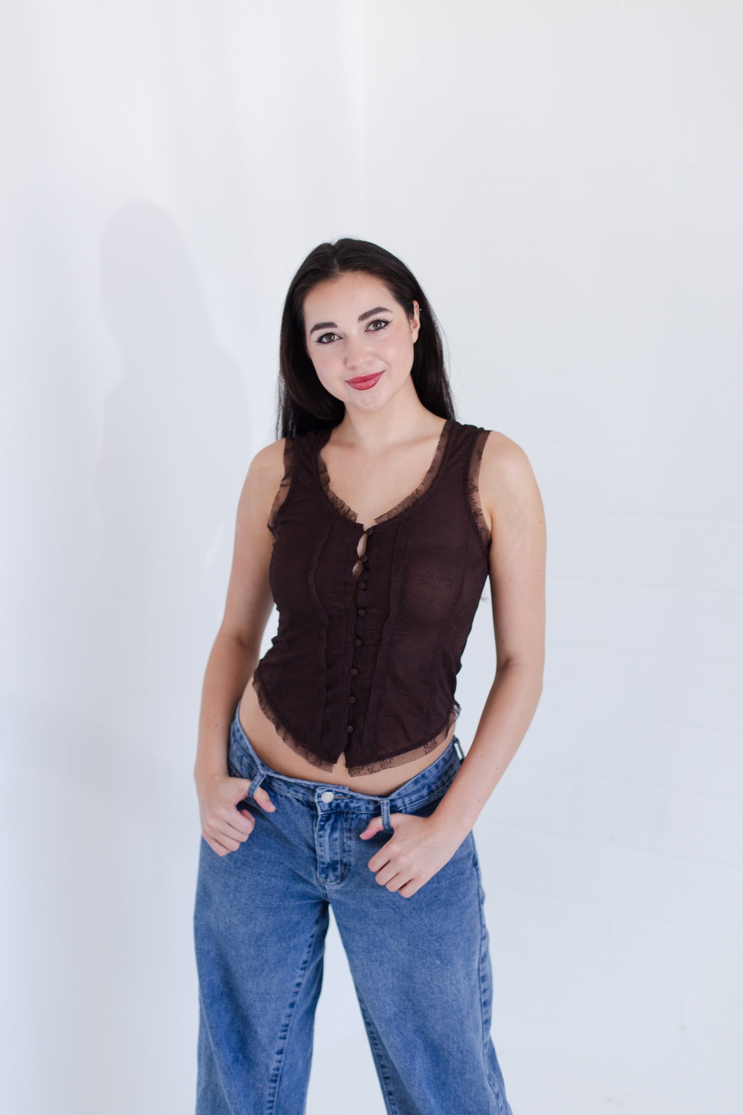 Chocolate Mesh Lace Button Down Sleeveless Top