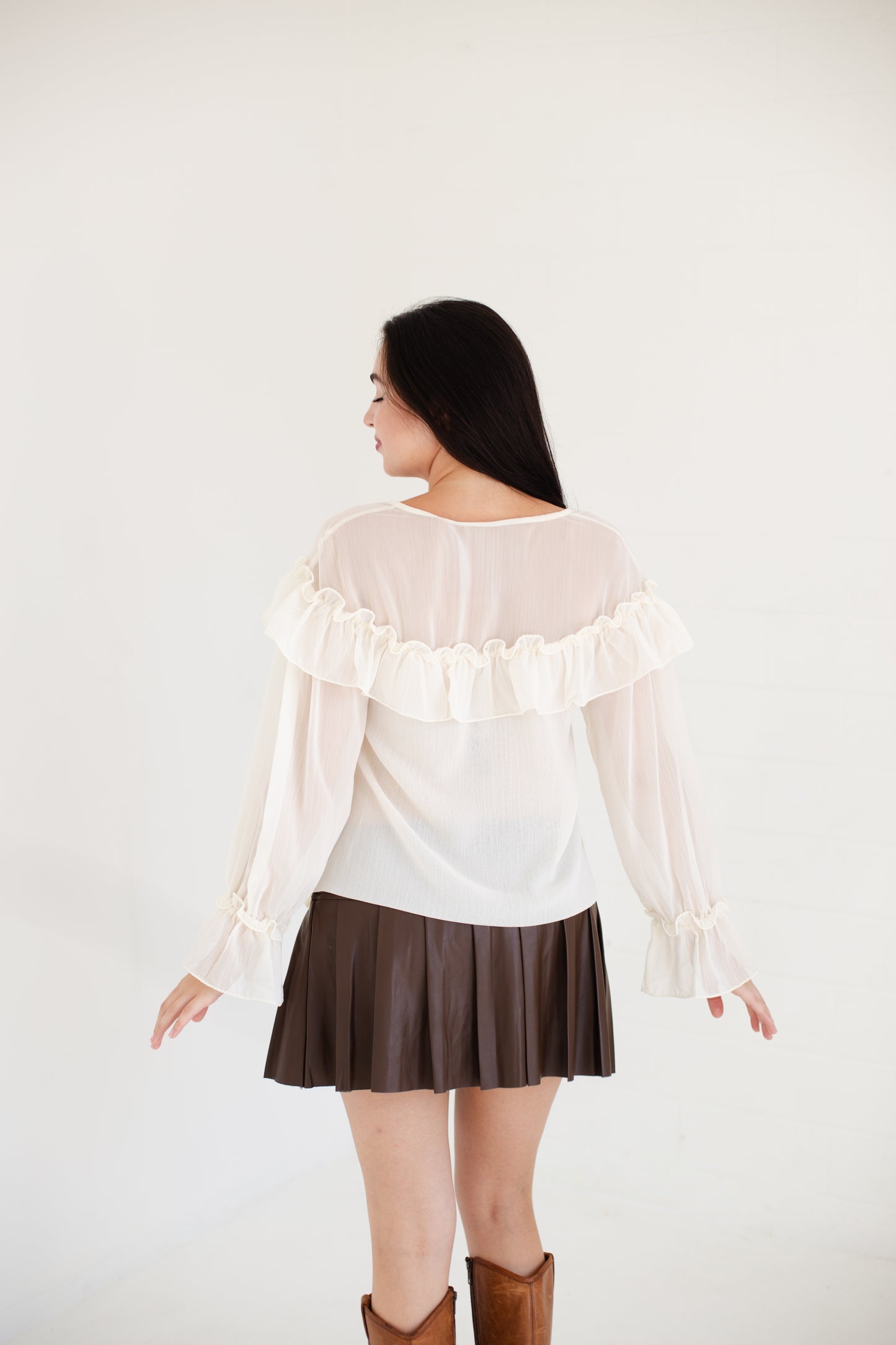 Ivory Sheer Long Sleeve Ties Ruffled Lace Blouse