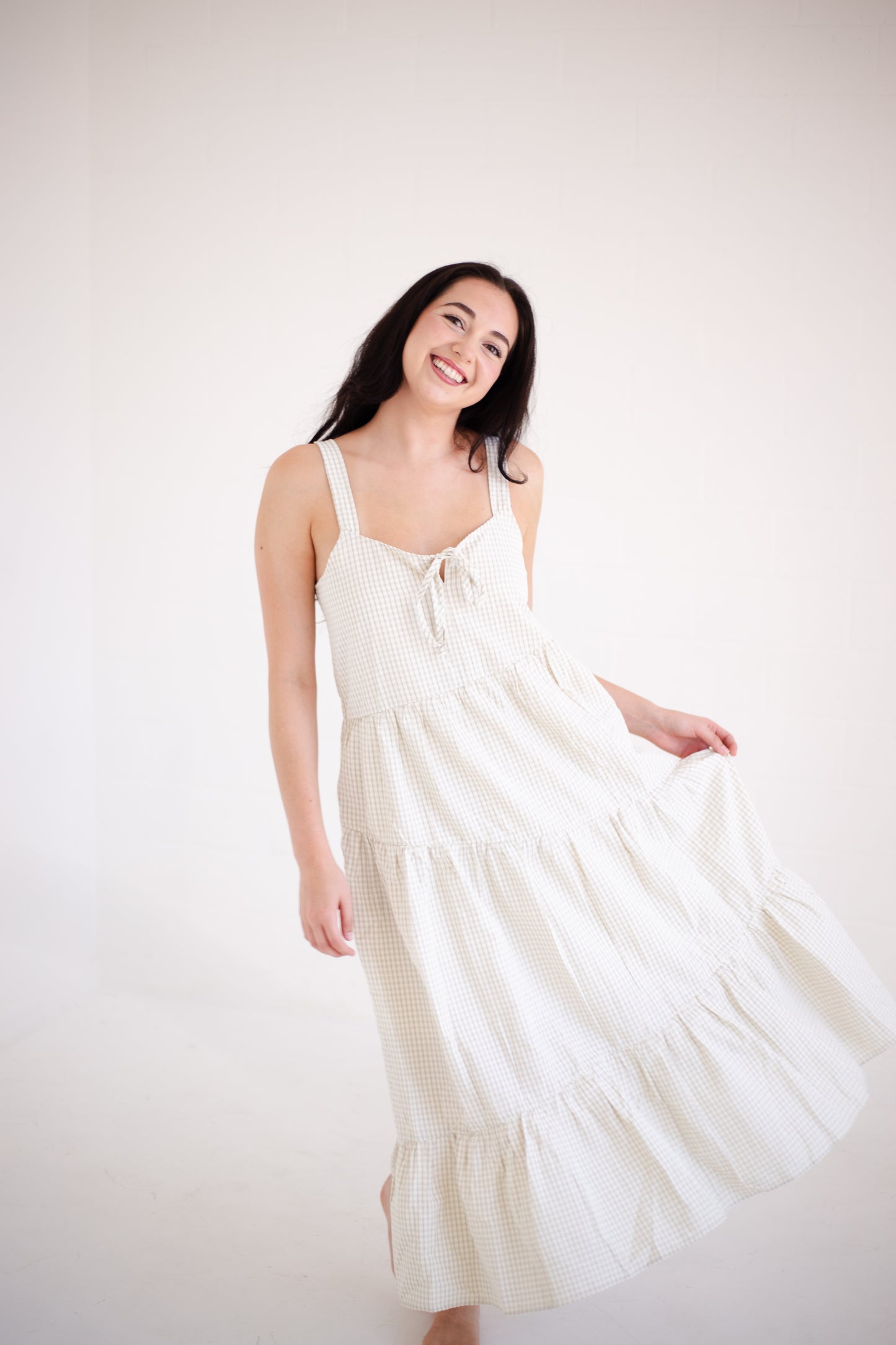 Taupe & Cream Plaid Asymmetrical Tiered Midi Dress