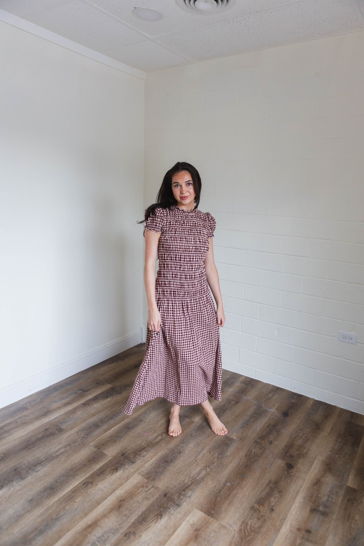 Burgundy Taupe Gingham Maxi Dress