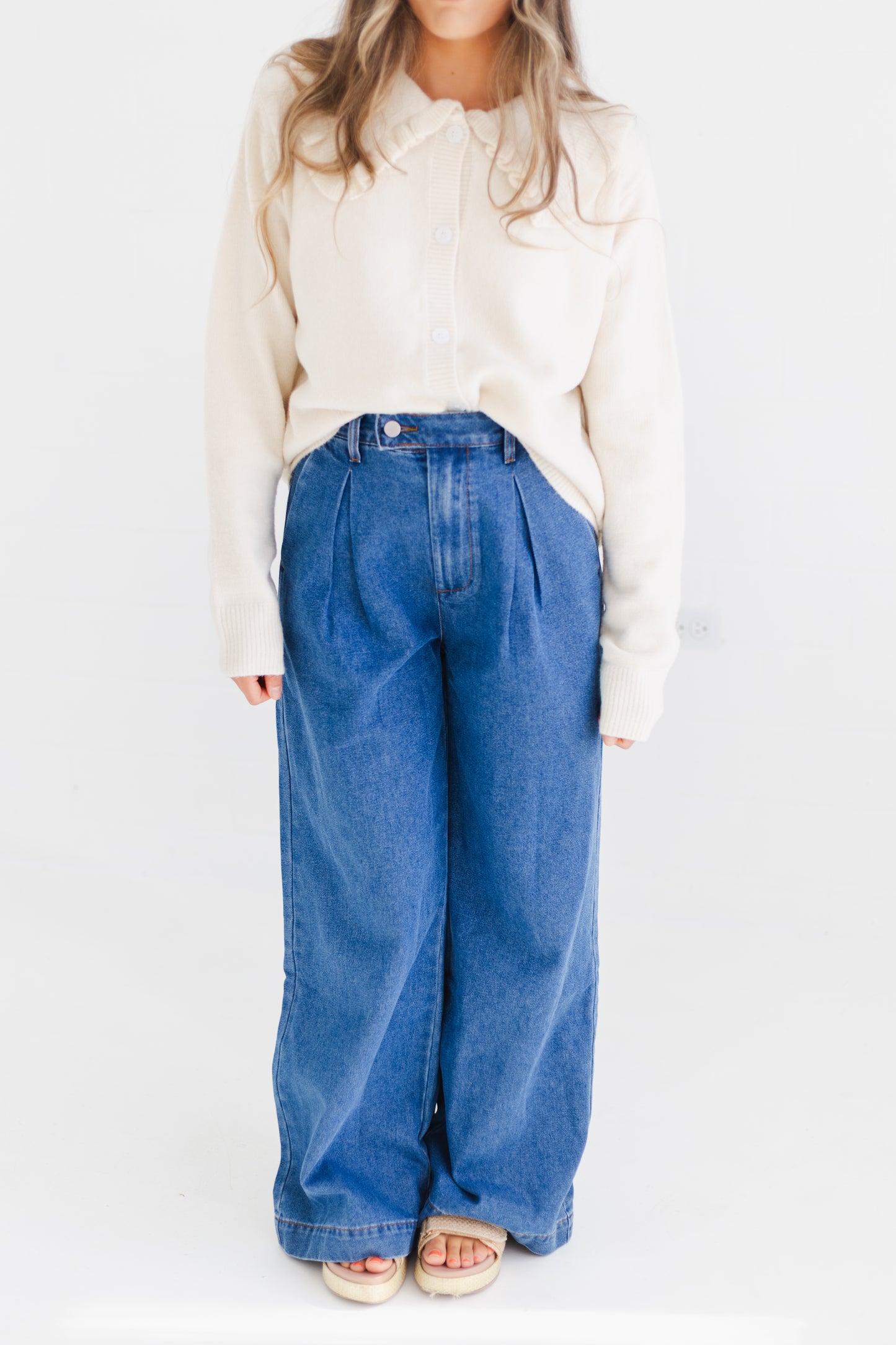 Medium Denim Pleated Wide Leg Denim Trousers