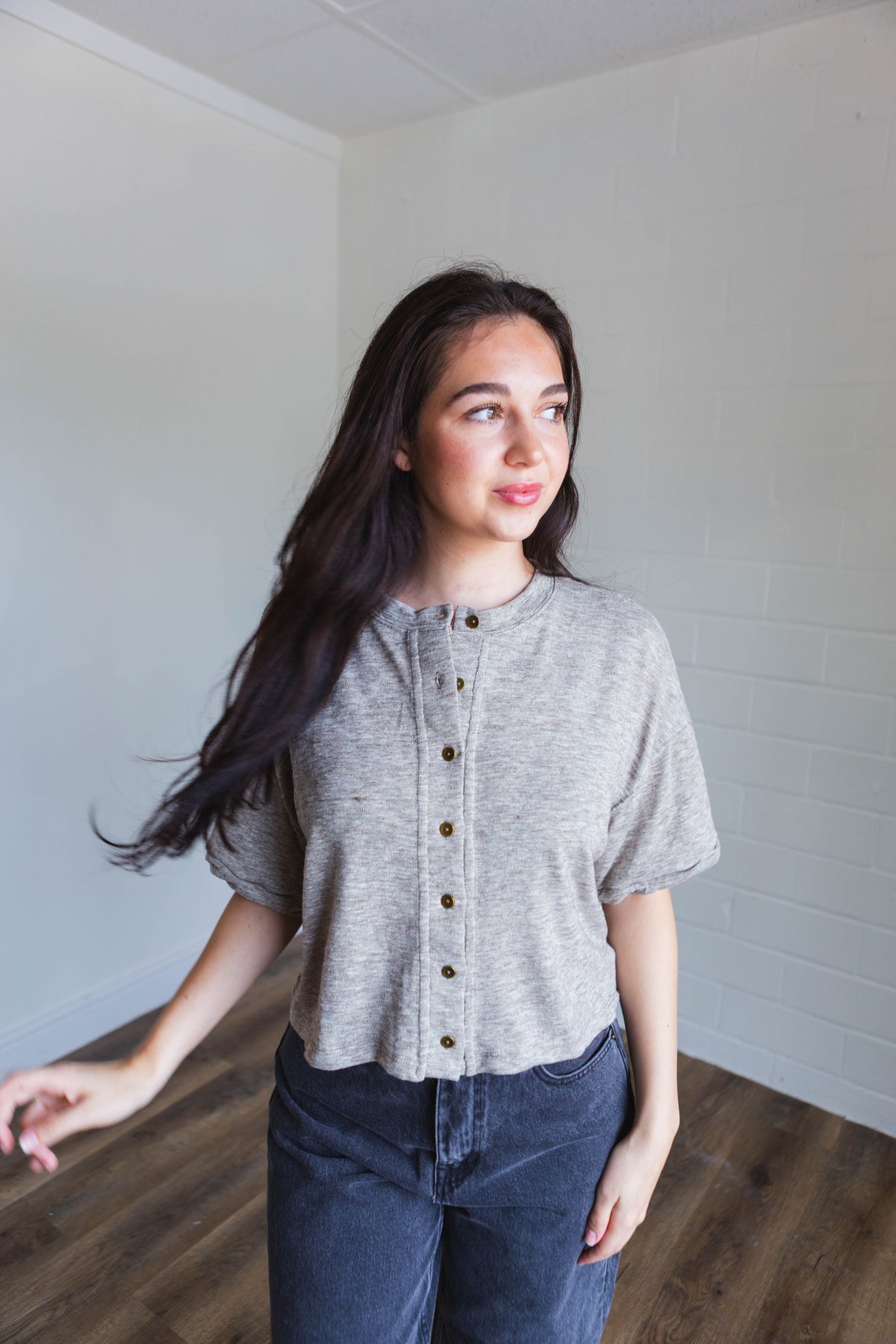 Mocha Short Sleeve Button Knit Top