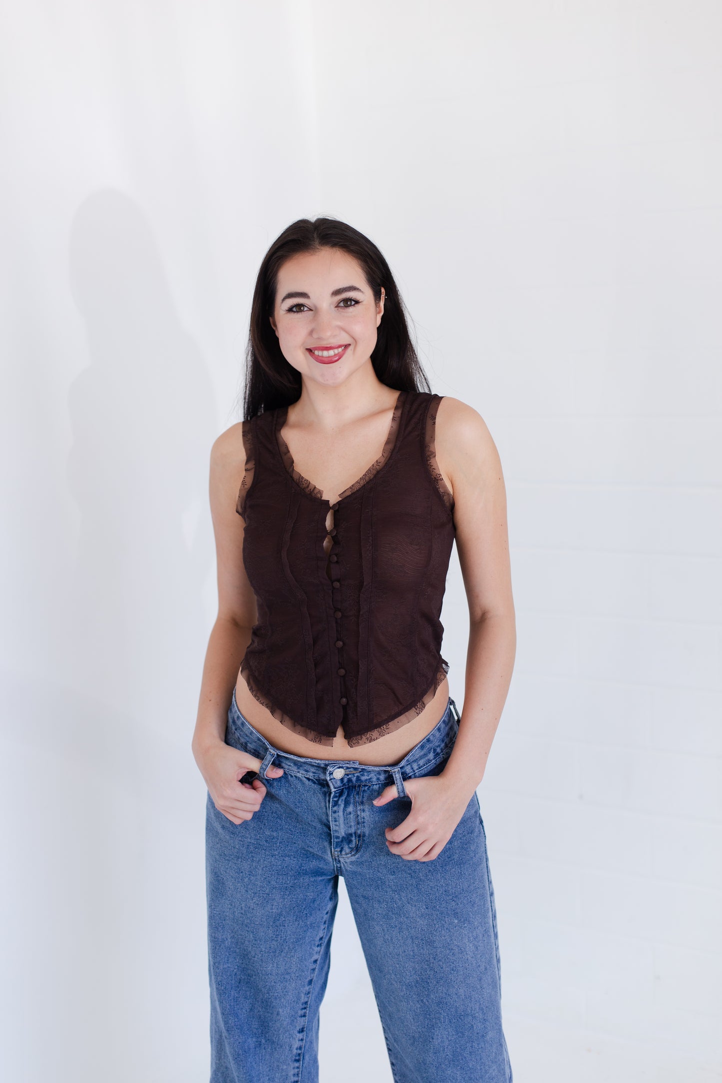 Chocolate Mesh Lace Button Down Sleeveless Top