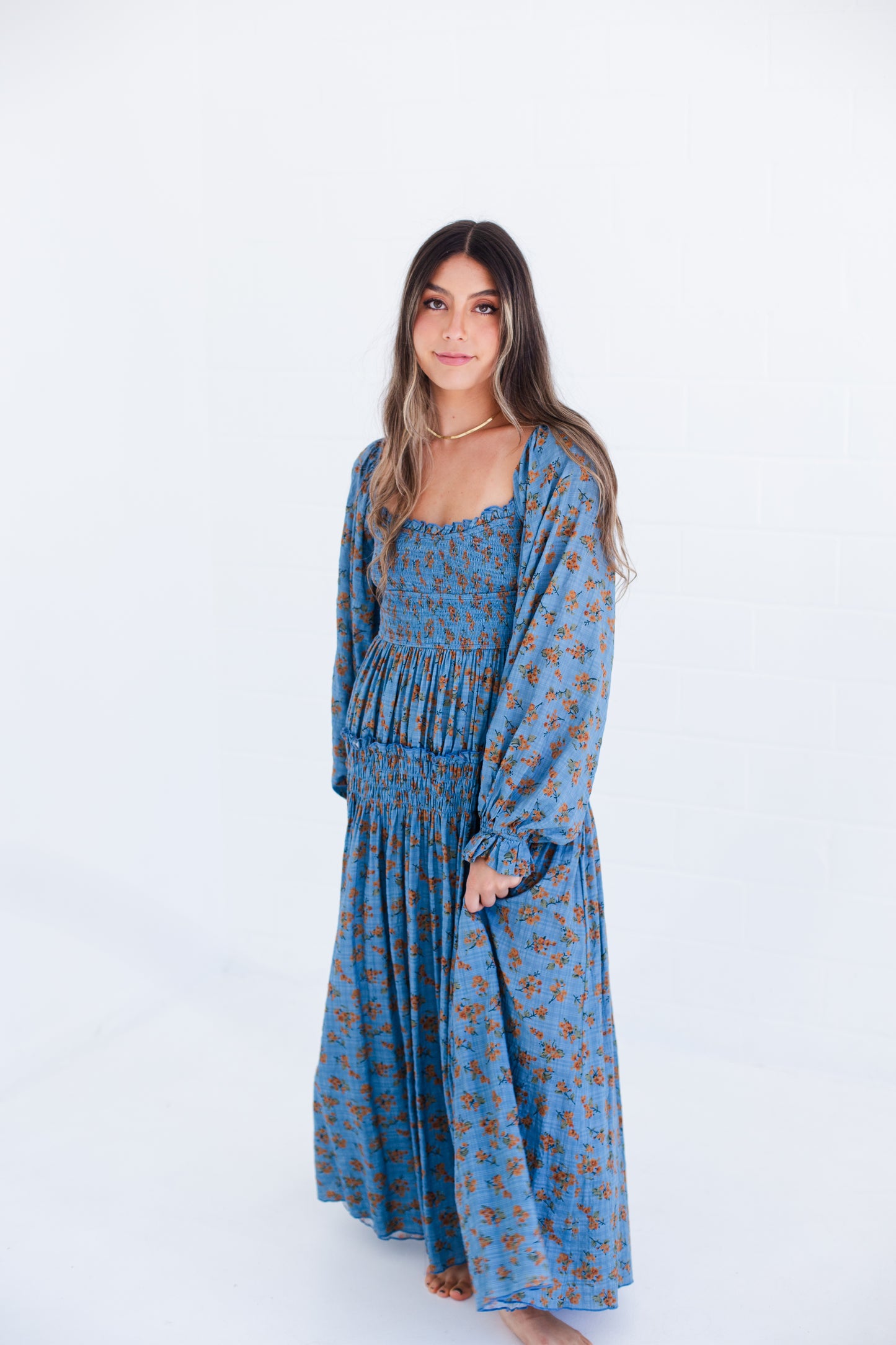 Denim Blue Floral Long Sleeve Maxi