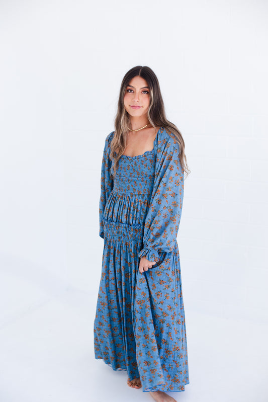Denim Blue Floral Long Sleeve Maxi