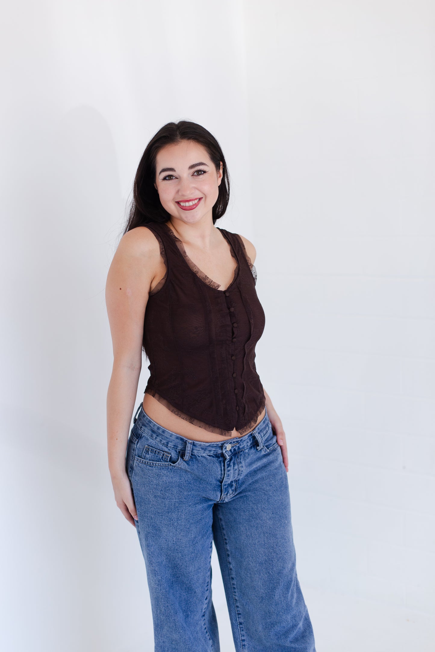 Chocolate Mesh Lace Button Down Sleeveless Top