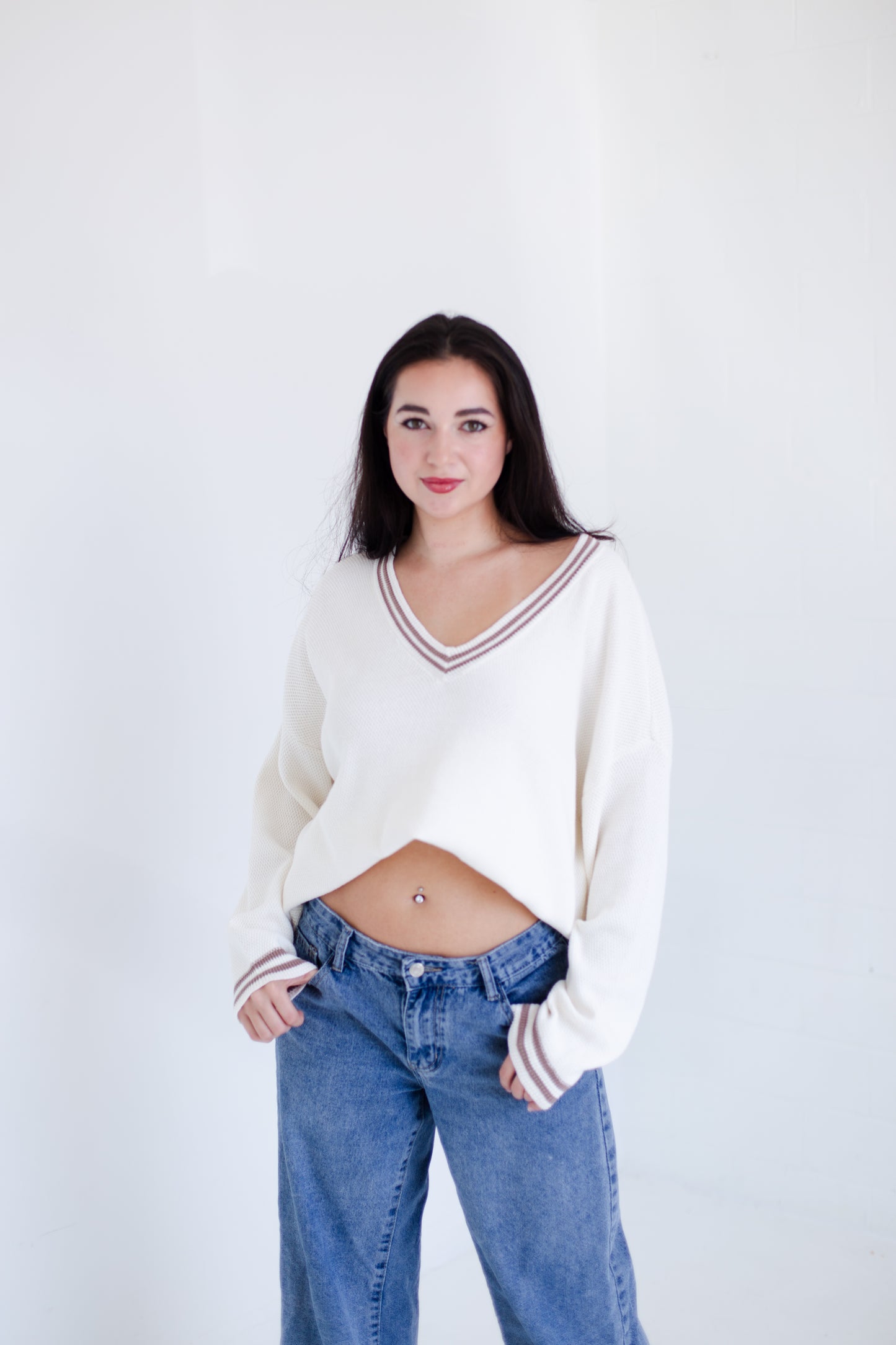 Ivory Court Side V-neck Sweater