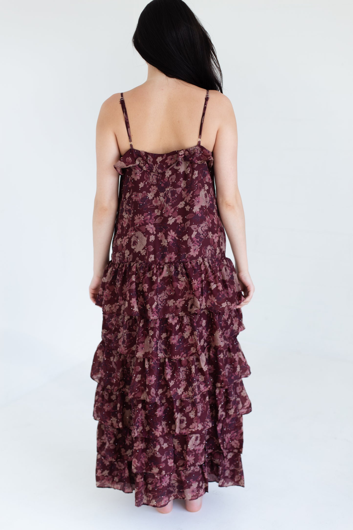 Wine Floral Print Ruffle Tiered Maxi
