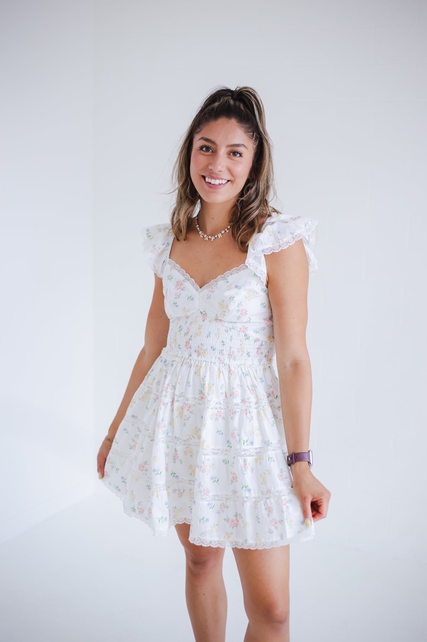 Peach Multi Floral Print Smocked Tiered Mini Dress