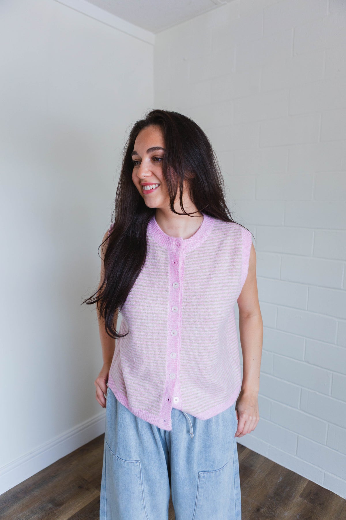 Pink & Taupe Striped Sweater Vest