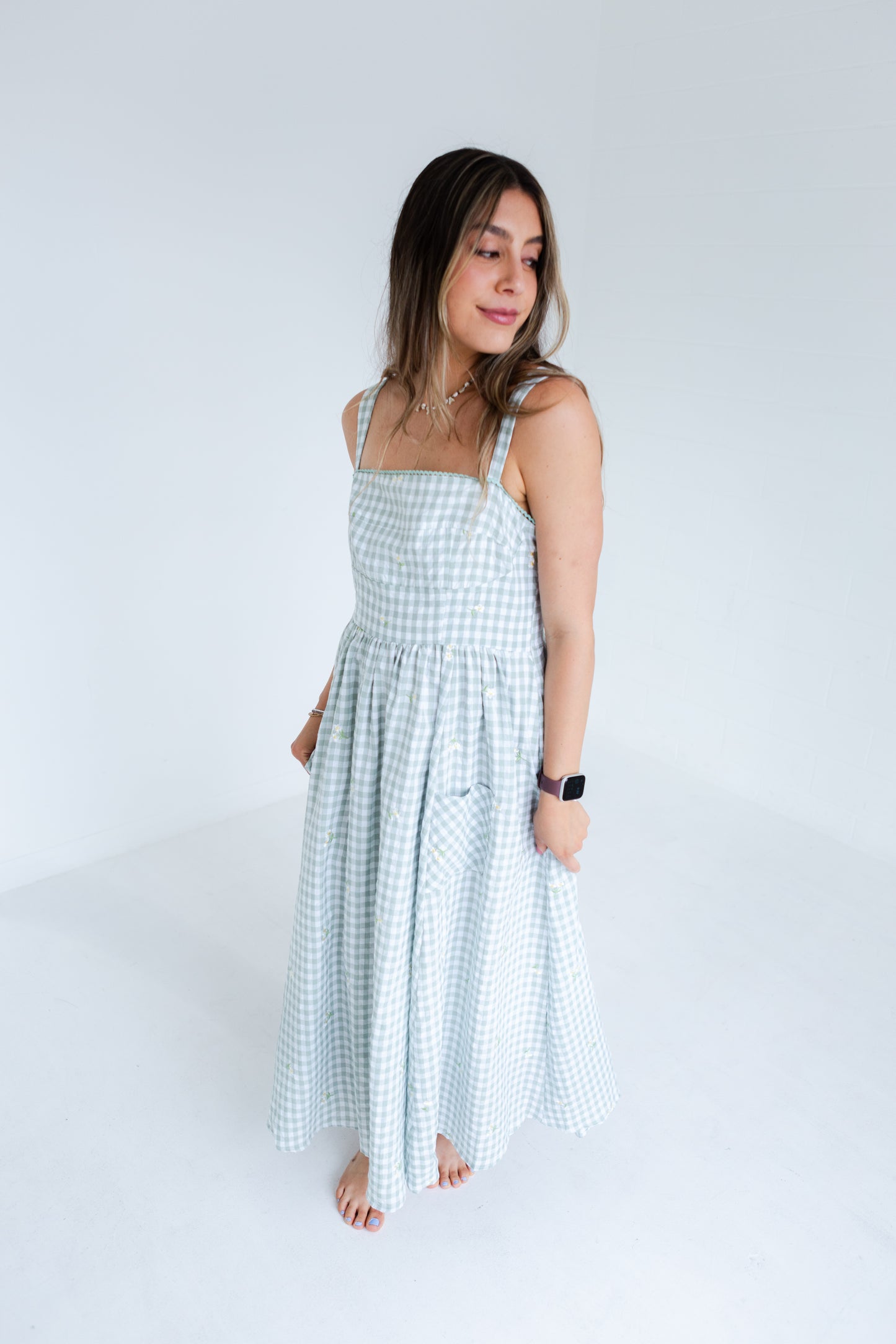 Green Gingham Floral Embroidered Midi Dress