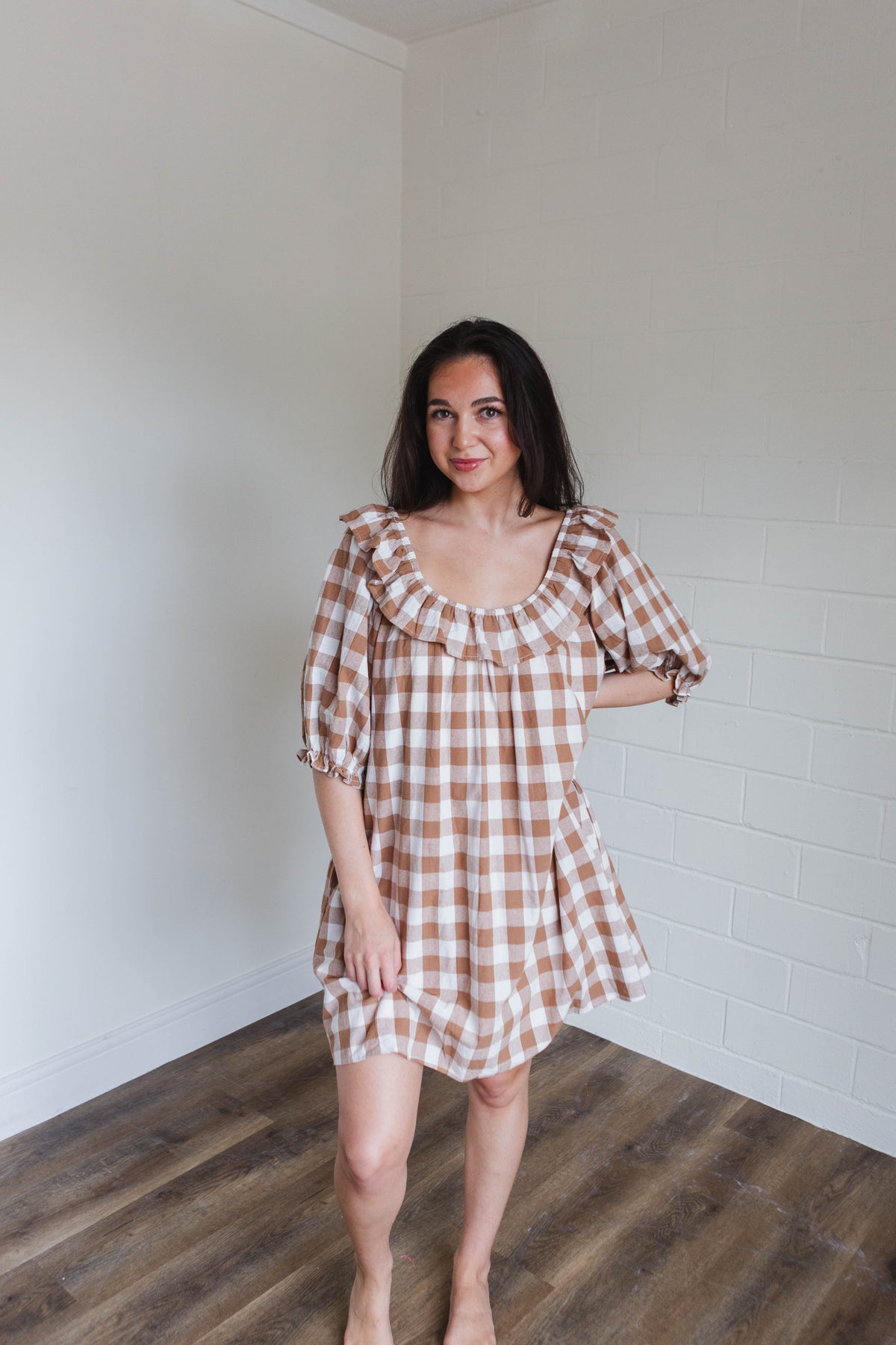 Mocha & White Gingham Ruffled Mini Dress