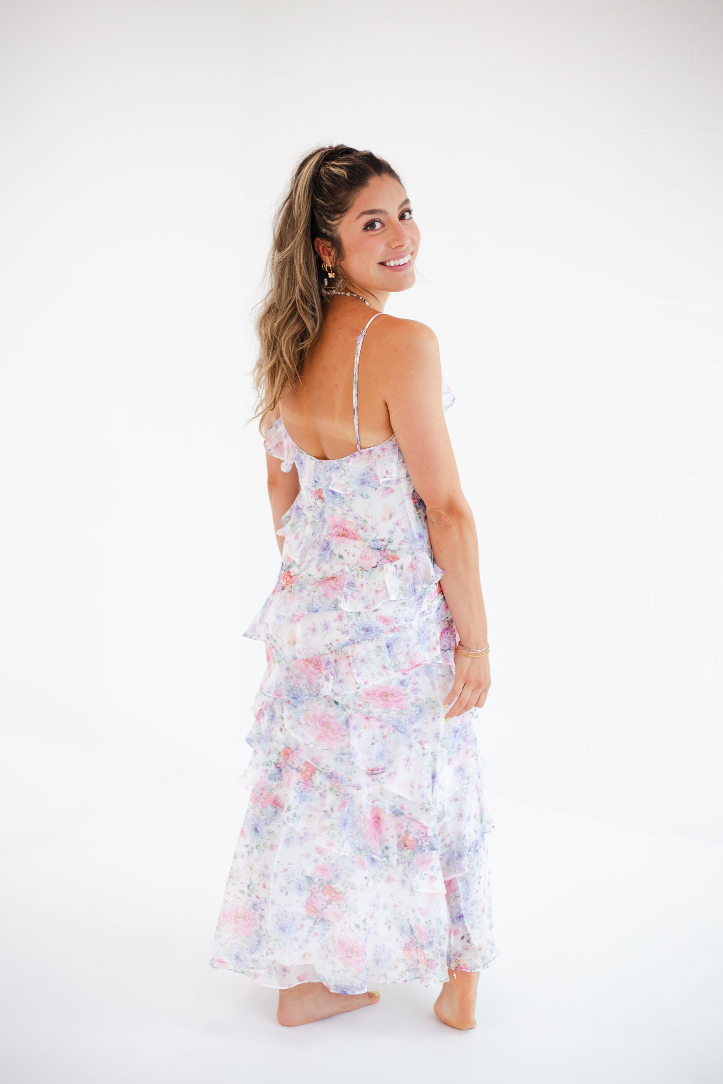 White Floral Ruffled Maxi Dress