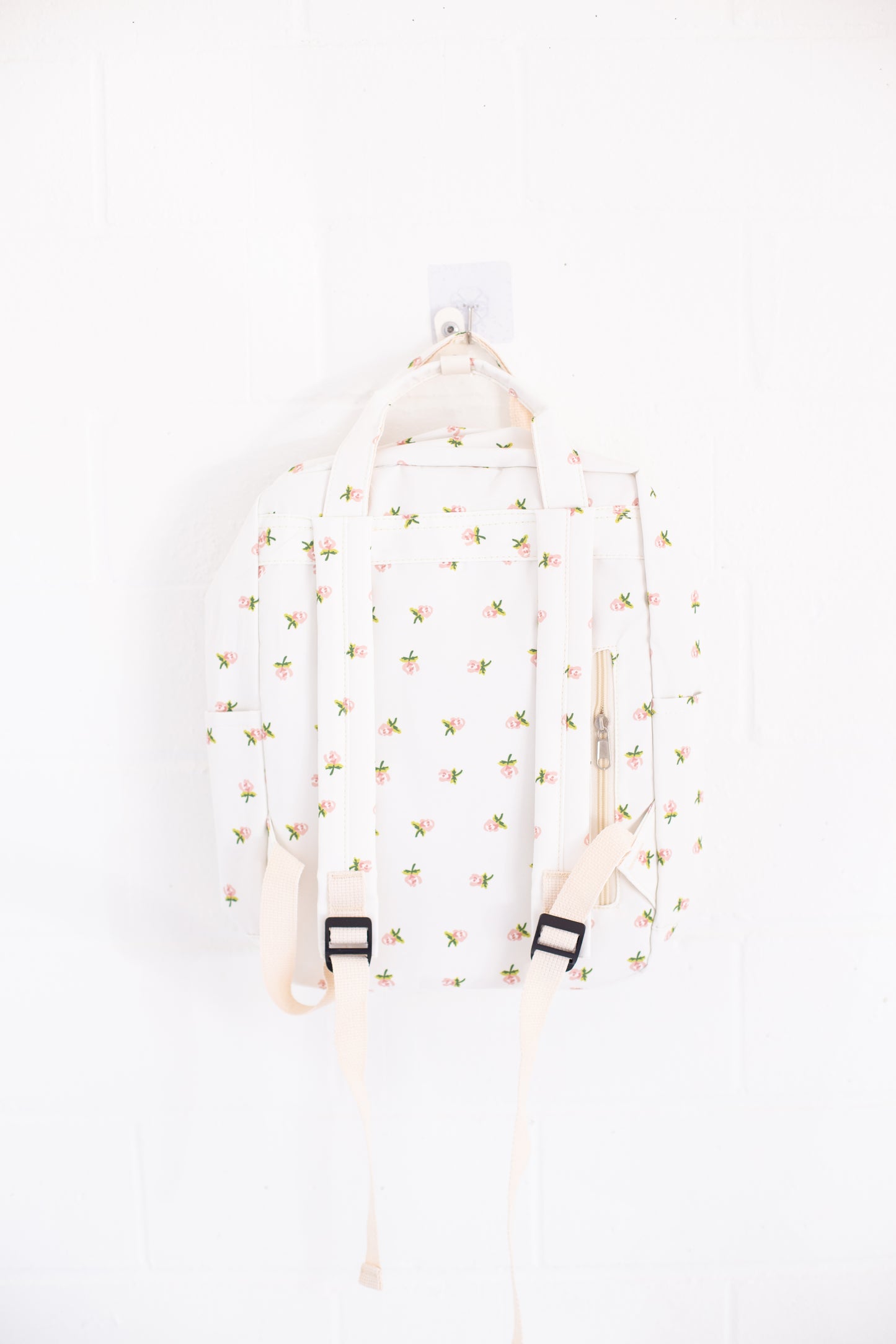 Cream Rose Print Canvas Backpack