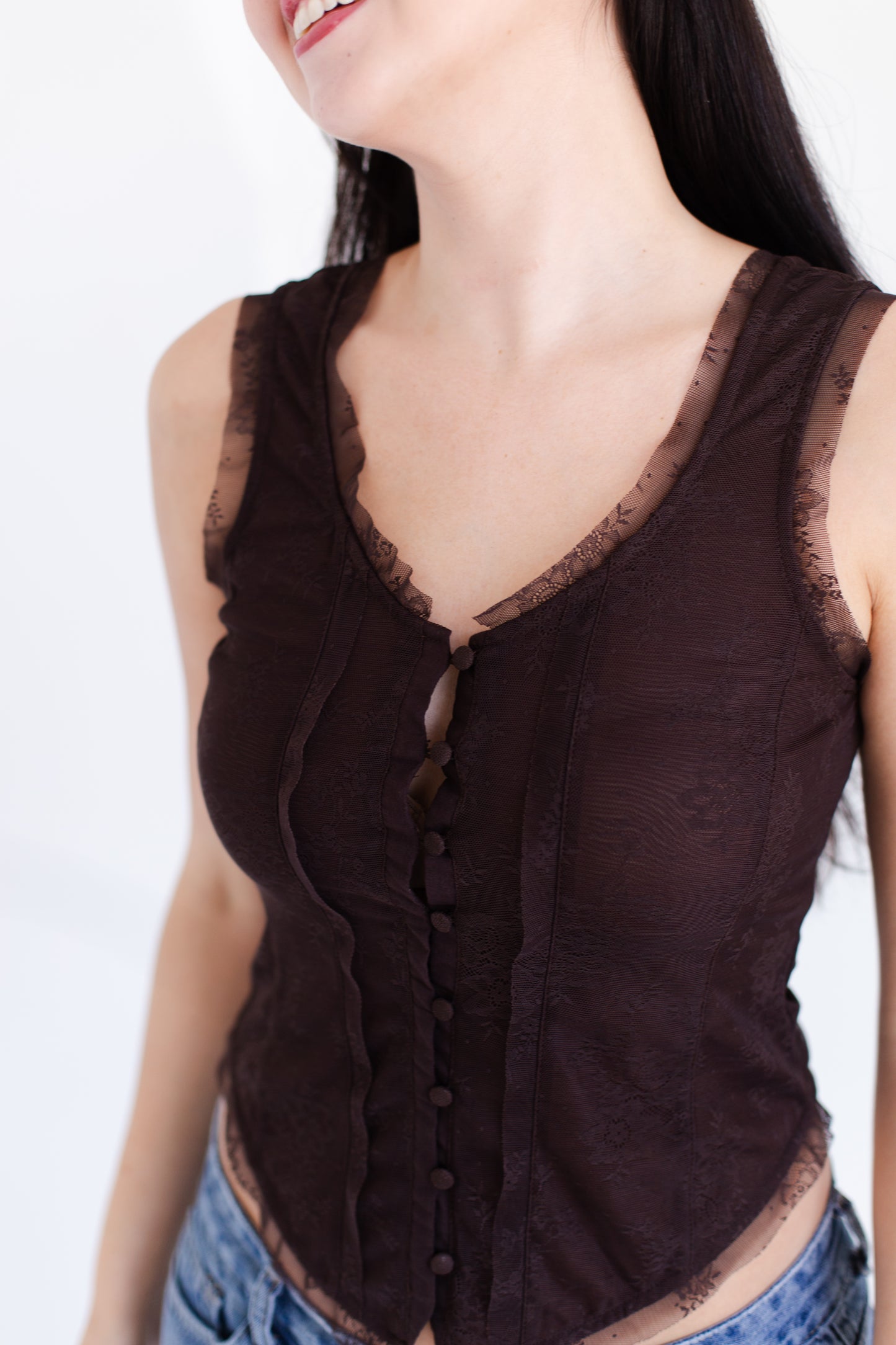 Chocolate Mesh Lace Button Down Sleeveless Top