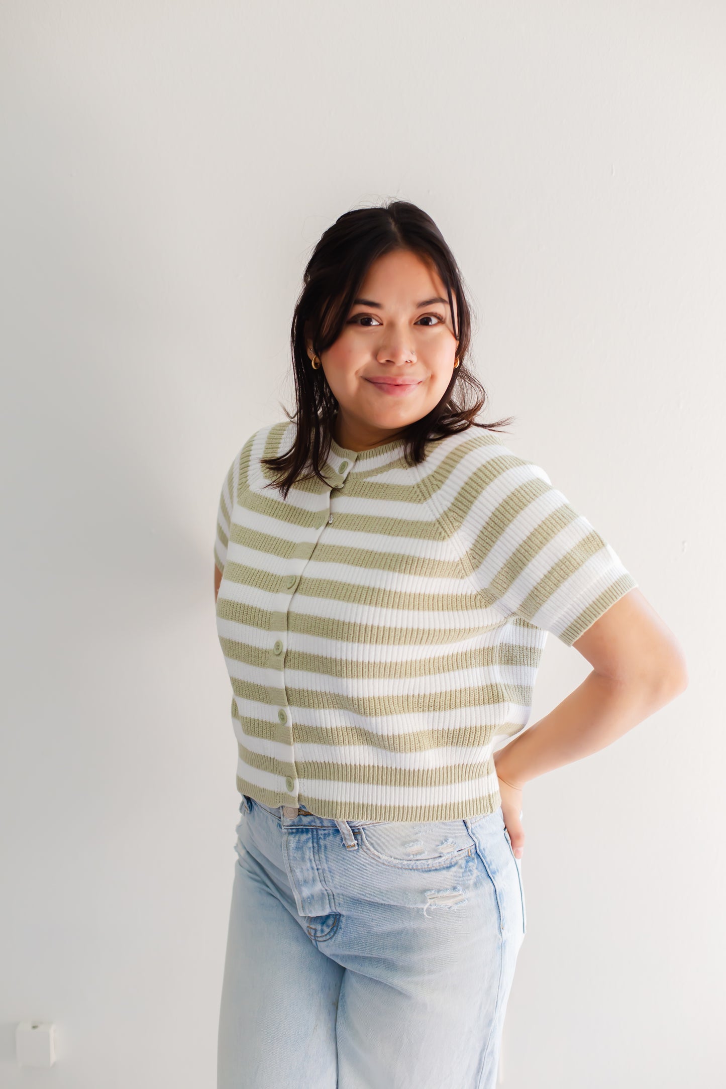 Raglan Short Sleeve Crew Neck  Sage & White Stripped Boxy Sweater