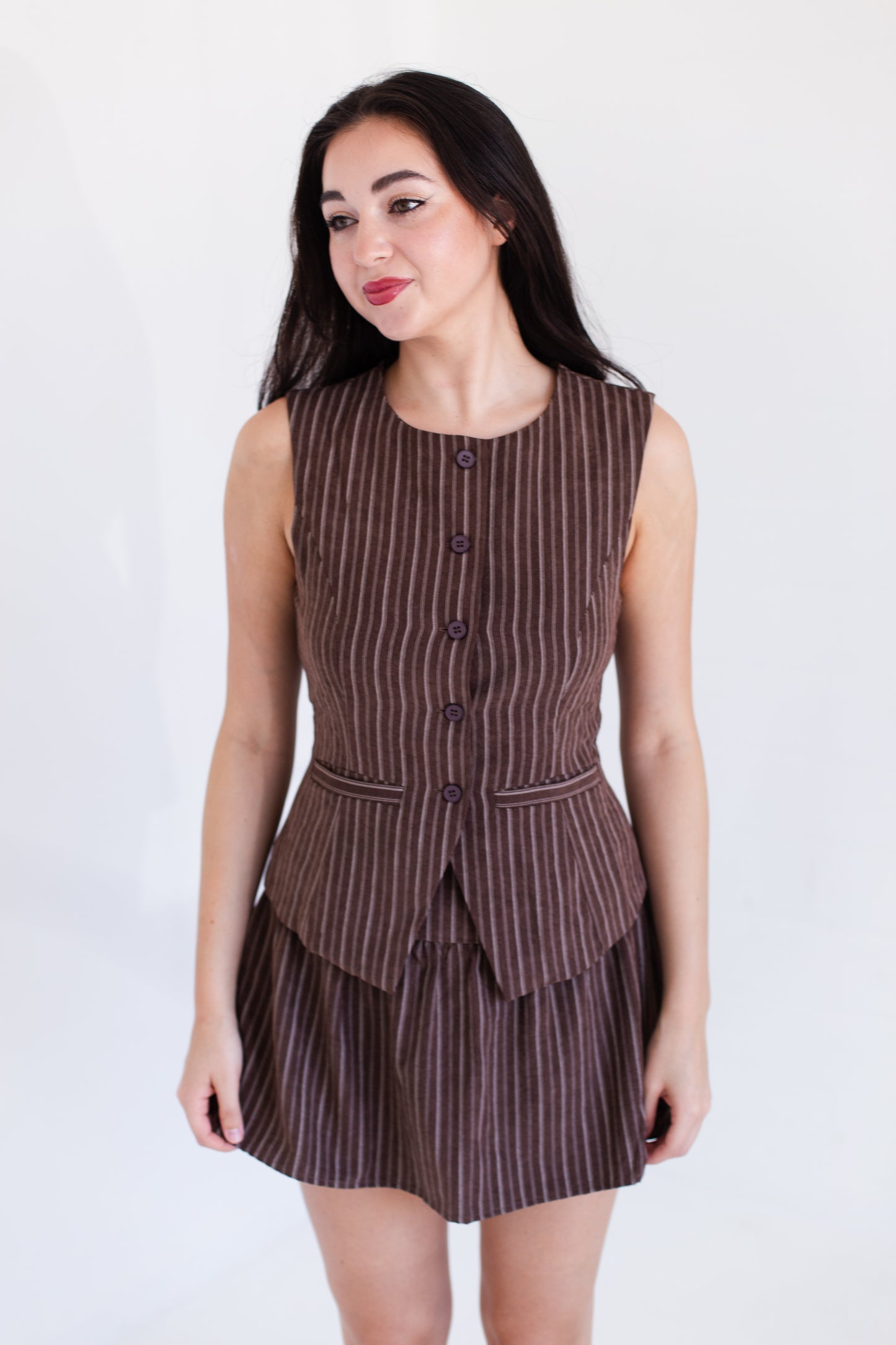Brown Stripe Round Neck Vest With Mini Skirt Set