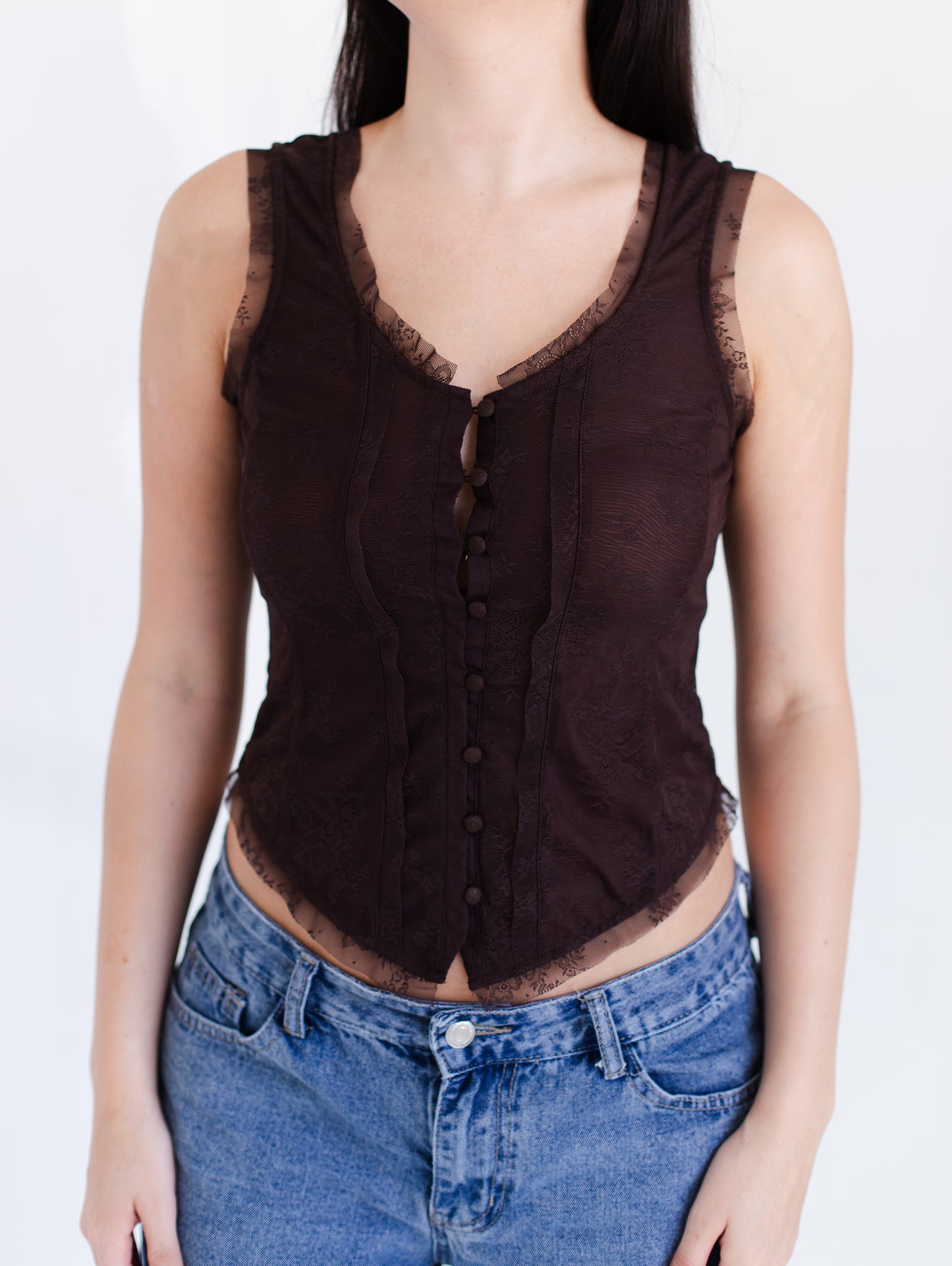 Chocolate Mesh Lace Button Down Sleeveless Top