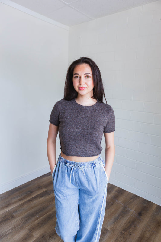Brown Sweater Short Sleeve Crop Top