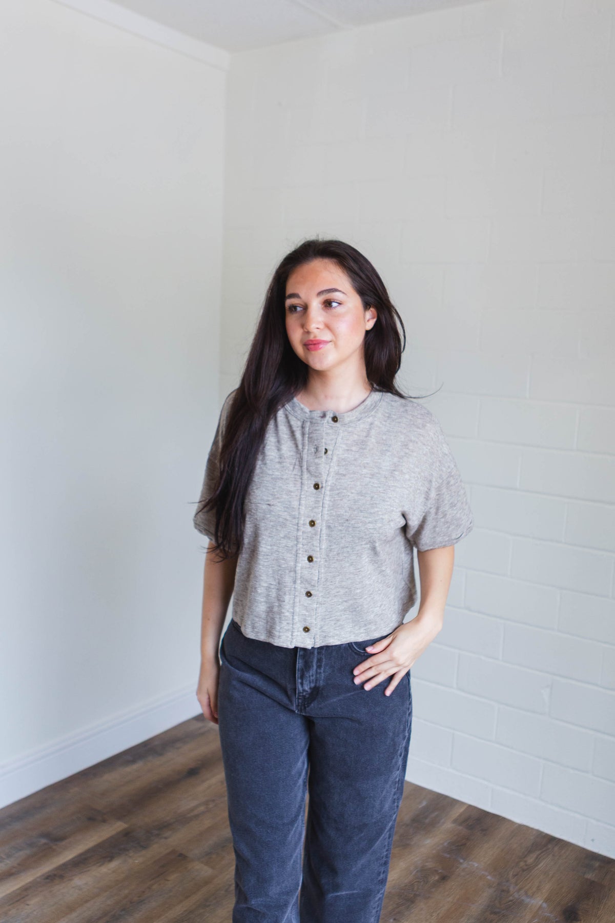 Mocha Short Sleeve Button Knit Top