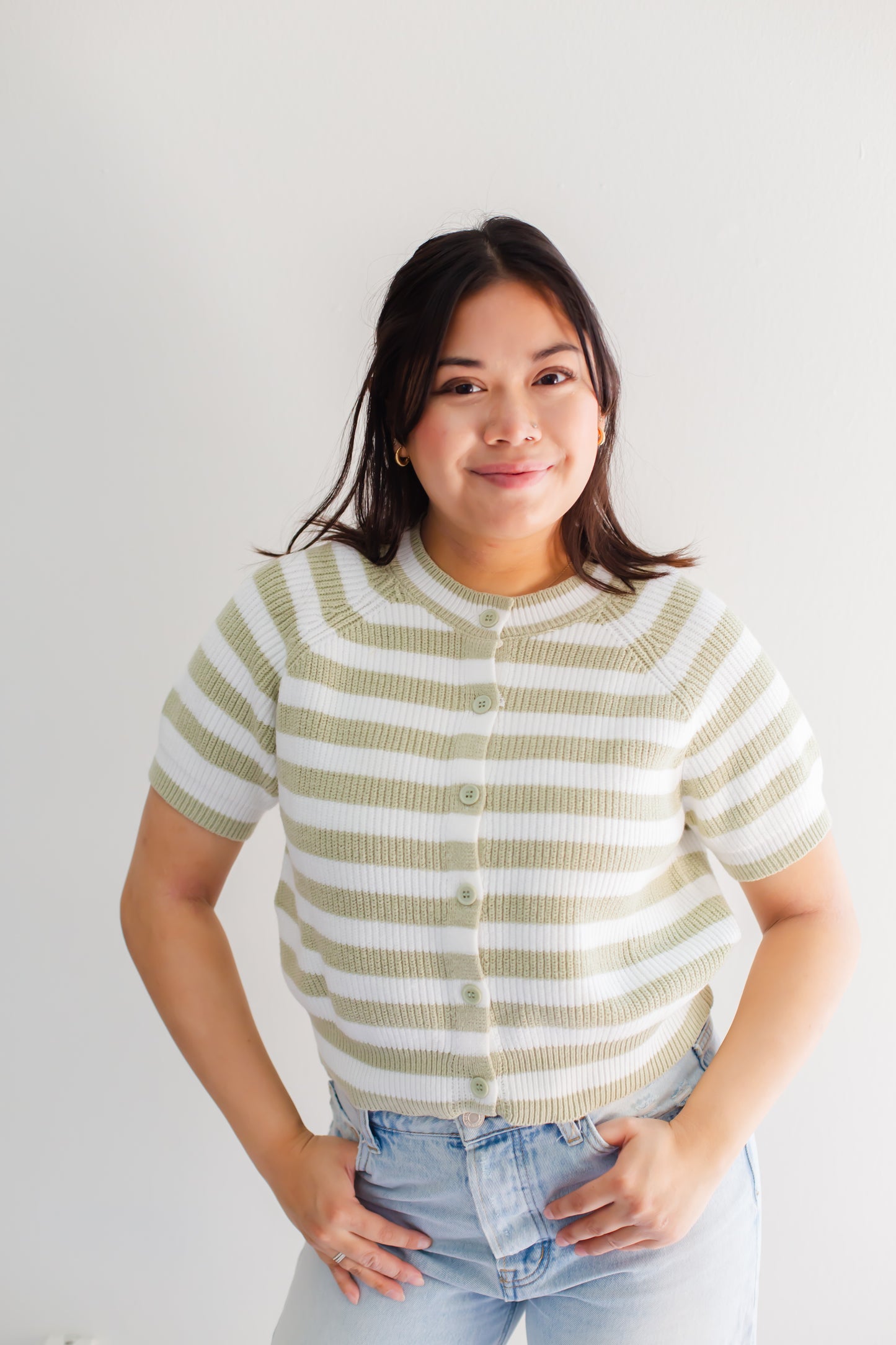 Raglan Short Sleeve Crew Neck  Sage & White Stripped Boxy Sweater