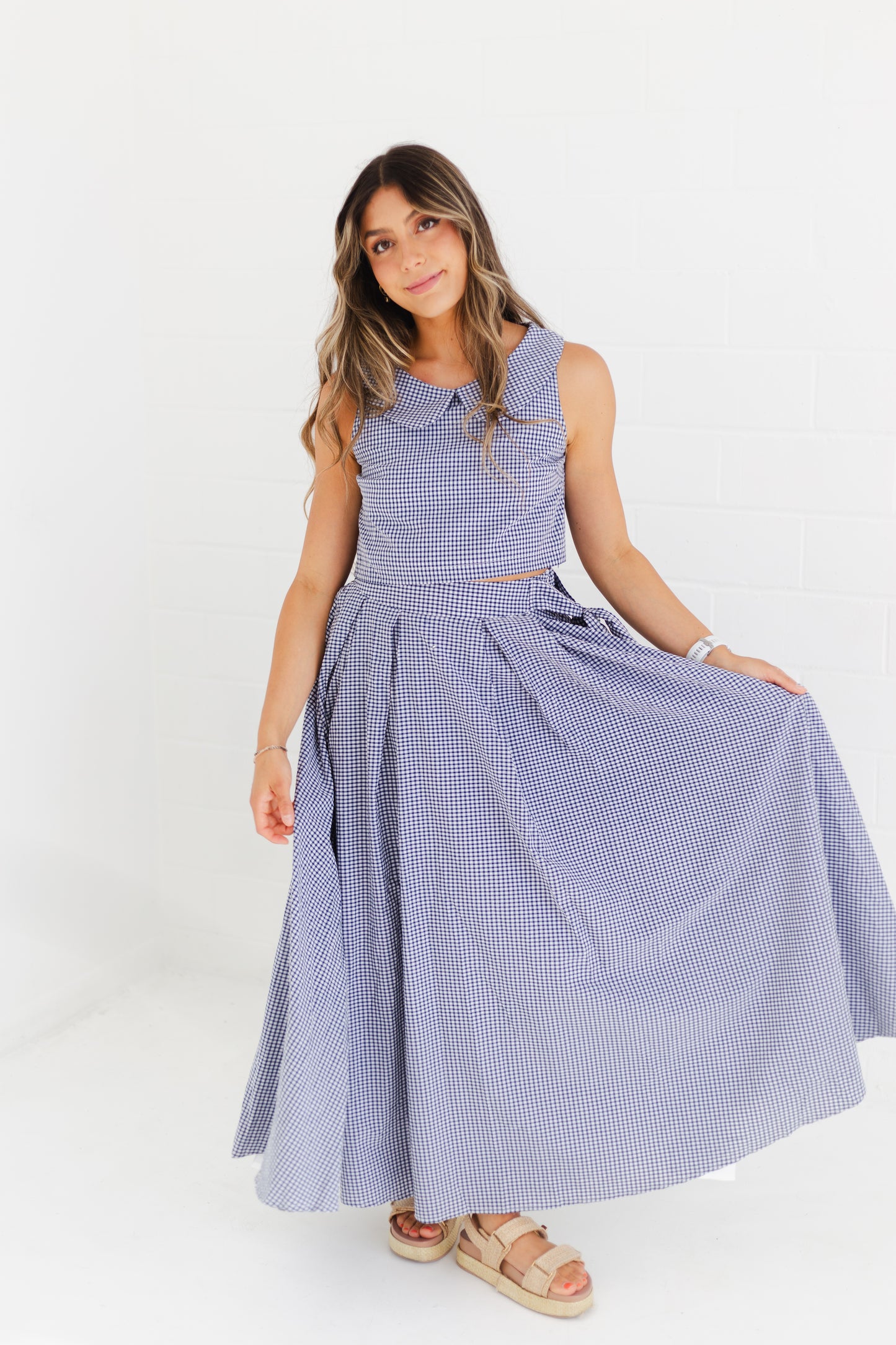 Navy Sleeveless Collar Top & Skirt Set