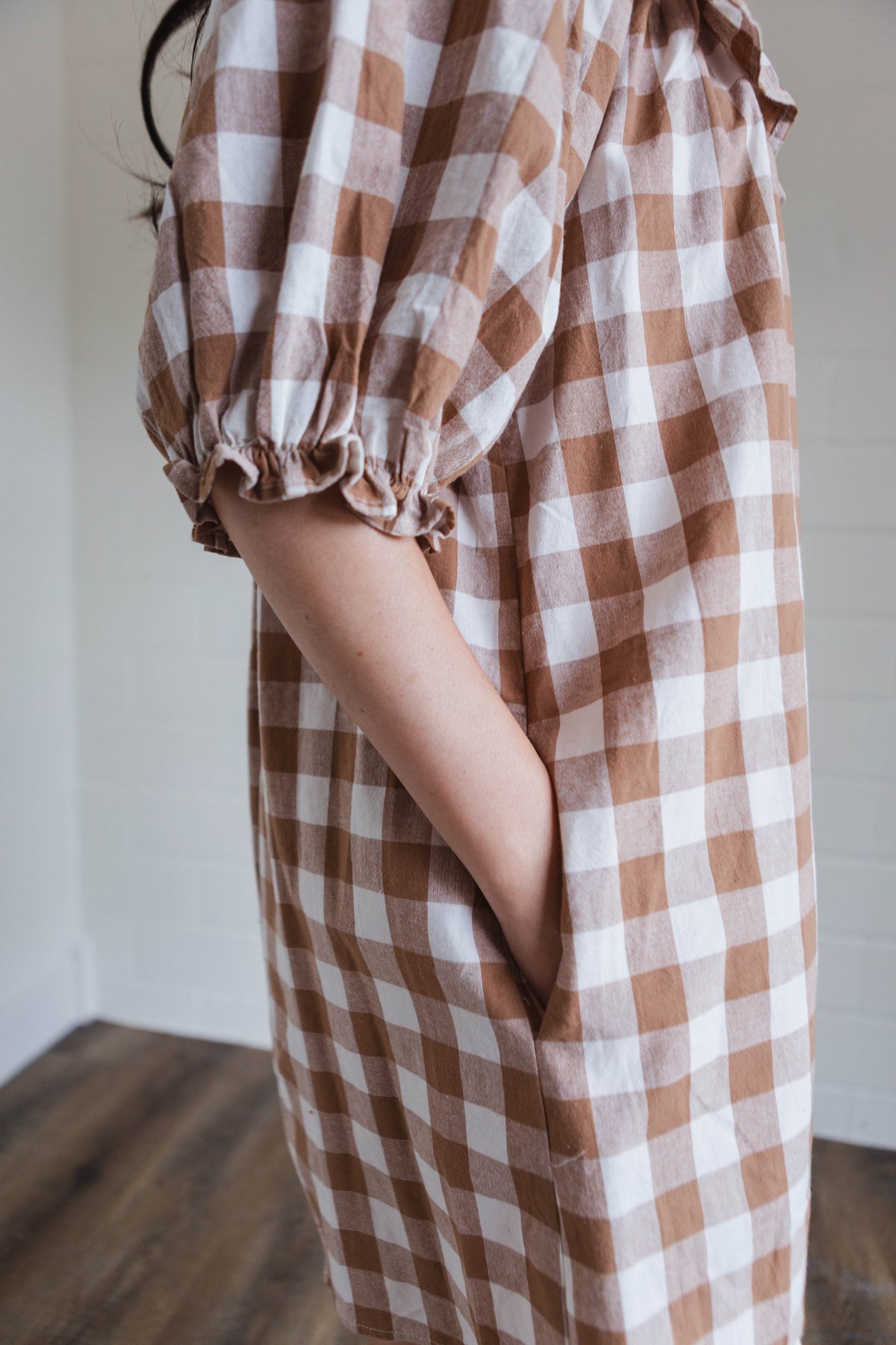 Mocha & White Gingham Ruffled Mini Dress