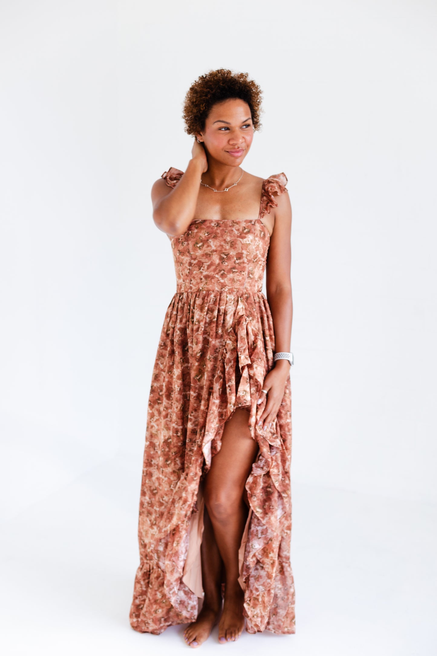 Brown Romantic Floral Print Maxi Dress
