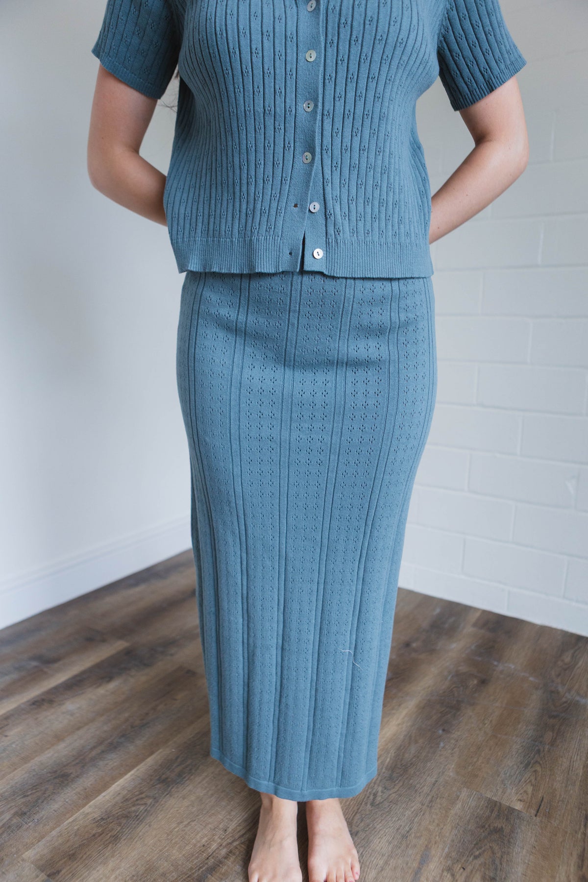 Teal Ribbed Button Top Midi Skirt Set