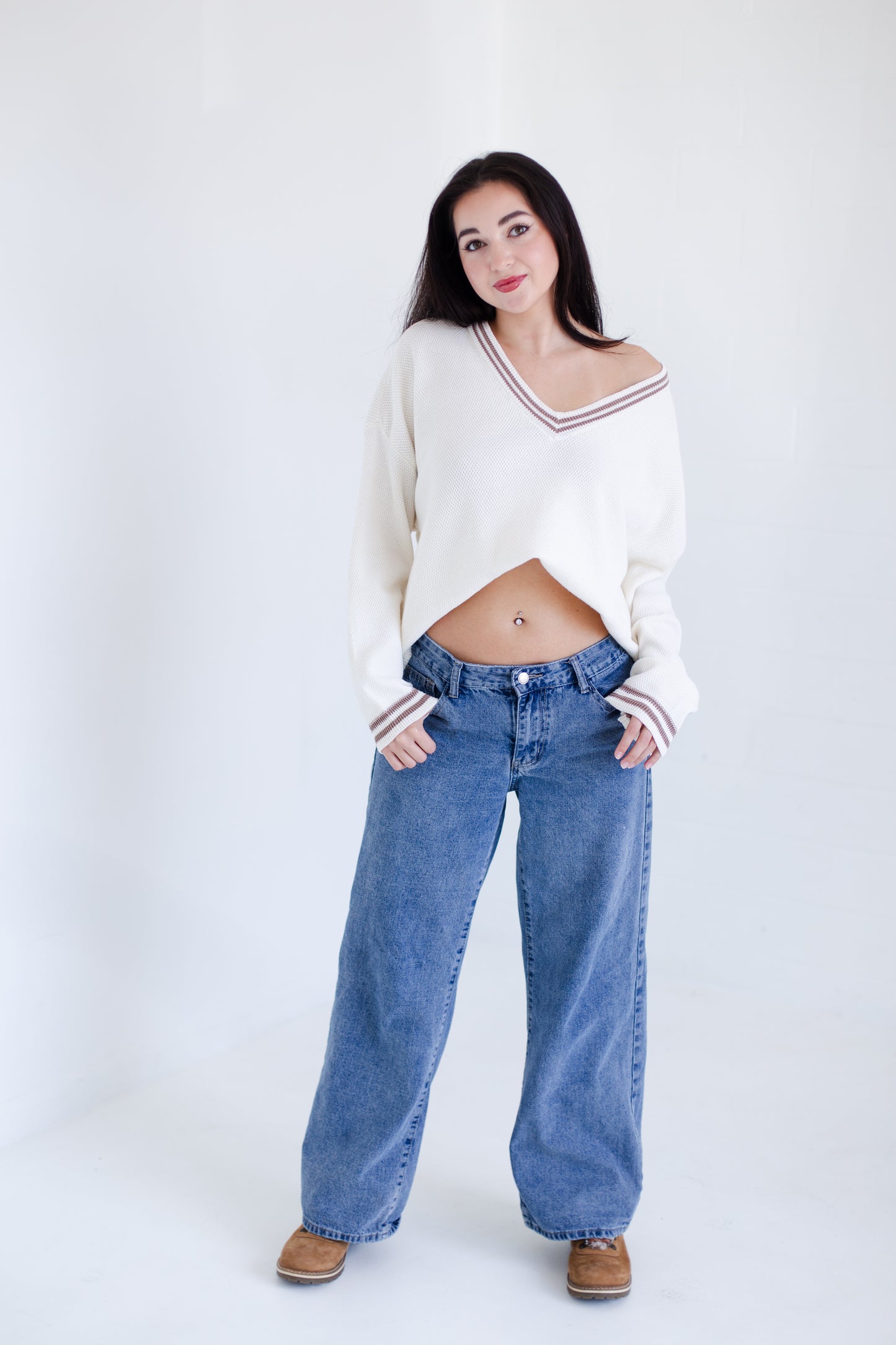 Ivory Court Side V-neck Sweater