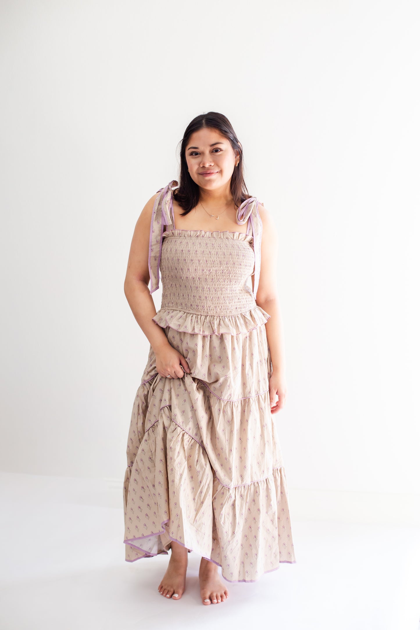 Taupe Floral Smocked Bodice Tiered Midi Dress