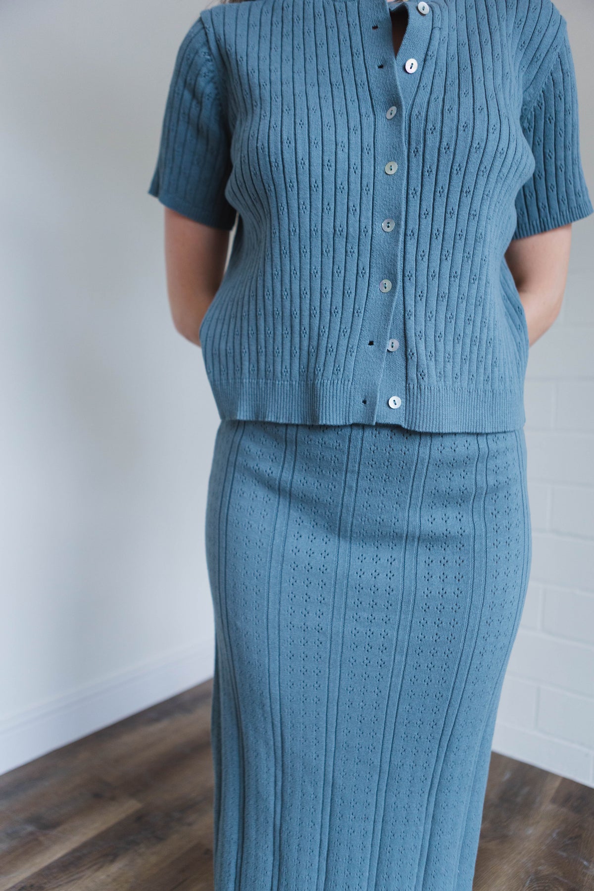 Teal Ribbed Button Top Midi Skirt Set
