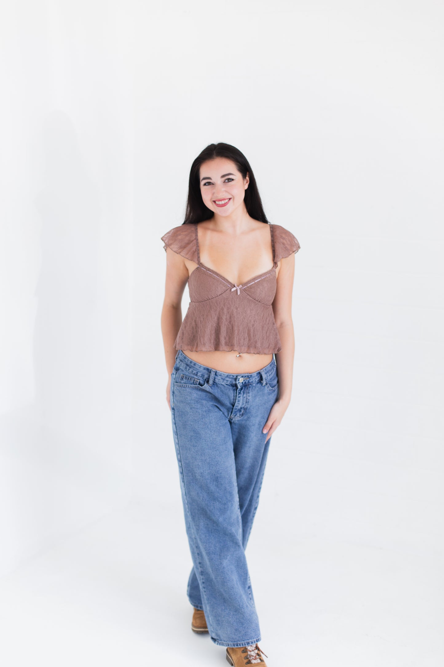 Mocha Lace Babydoll Cami Top