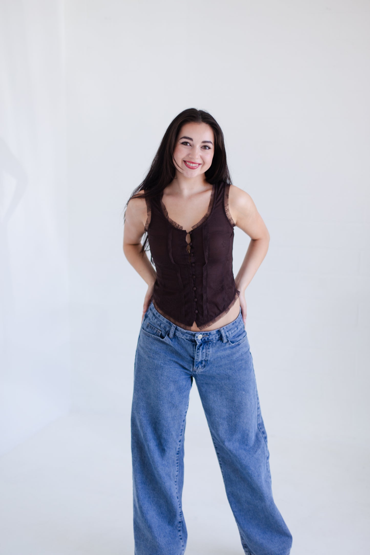 Chocolate Mesh Lace Button Down Sleeveless Top