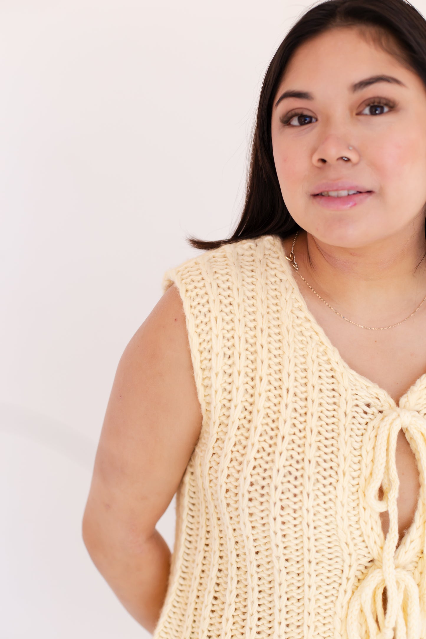 Yellow Round Neck Front Tie Chunky Sweater Vest
