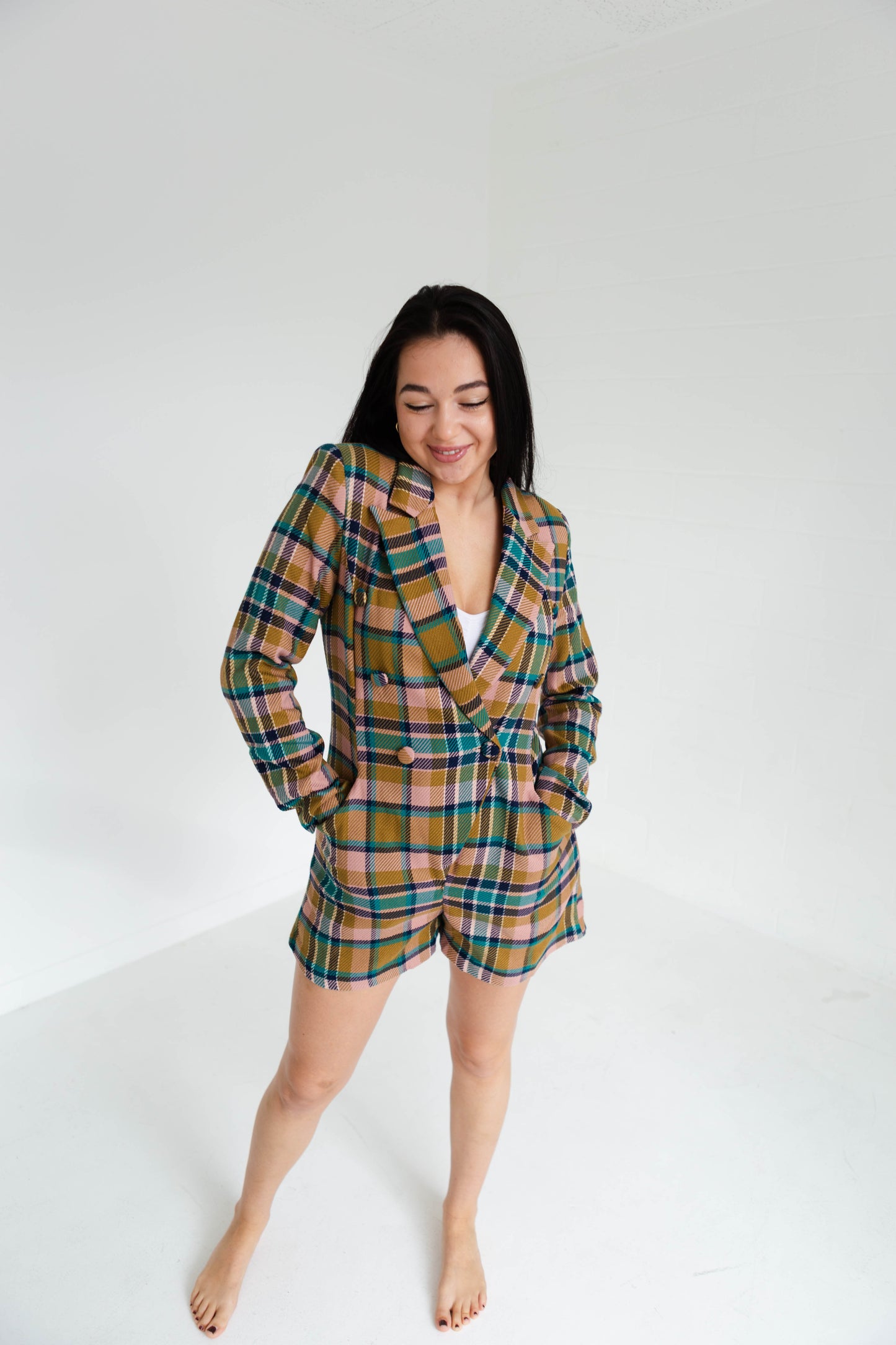 Multi Colored Plaid Blazer Romper