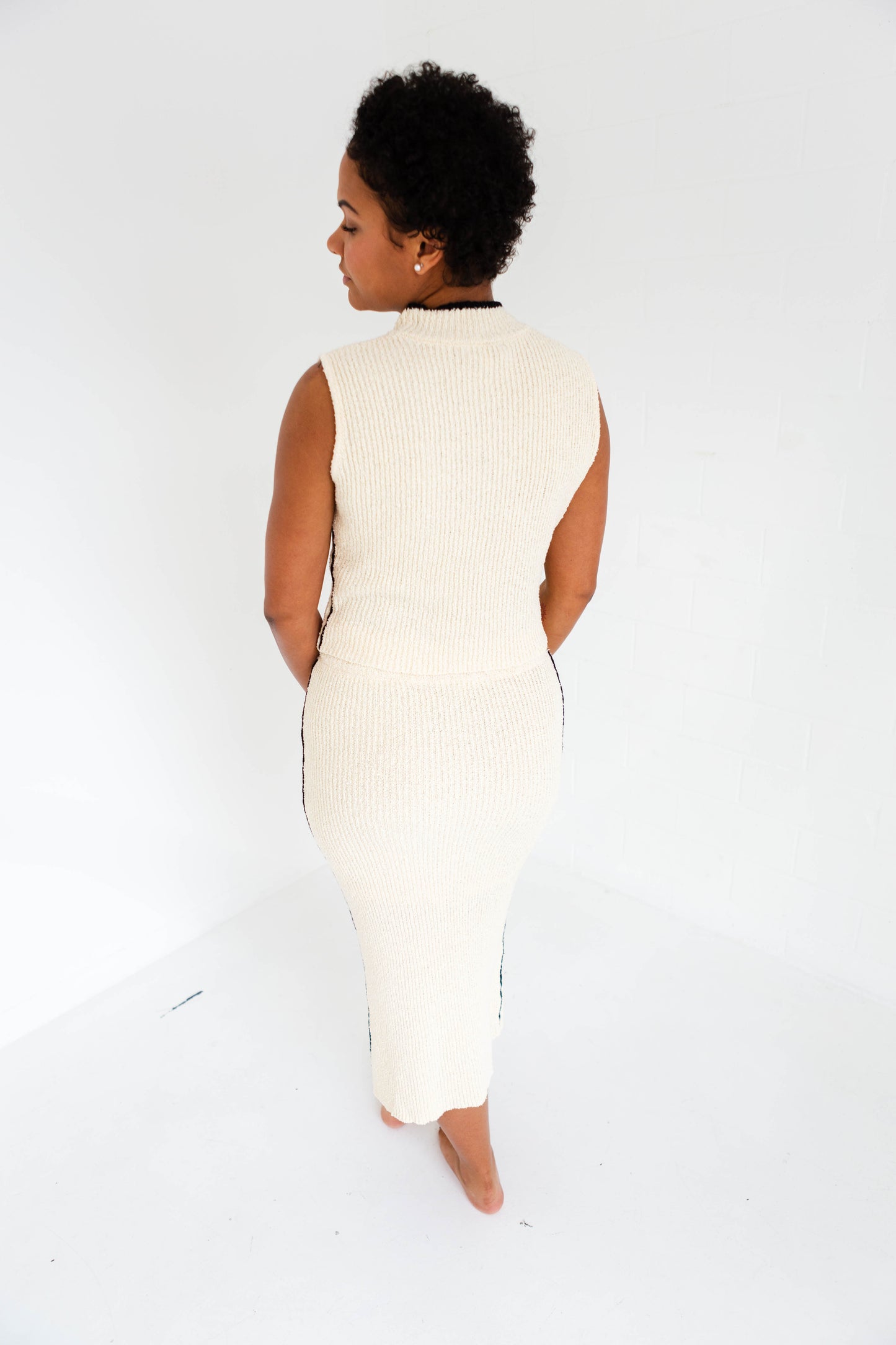 Textured Rib Cream Knitted Top & Skirt Set