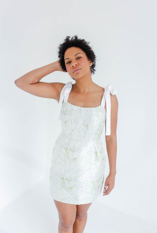 Light Sage Floral Jacquard Corset Mini Dress