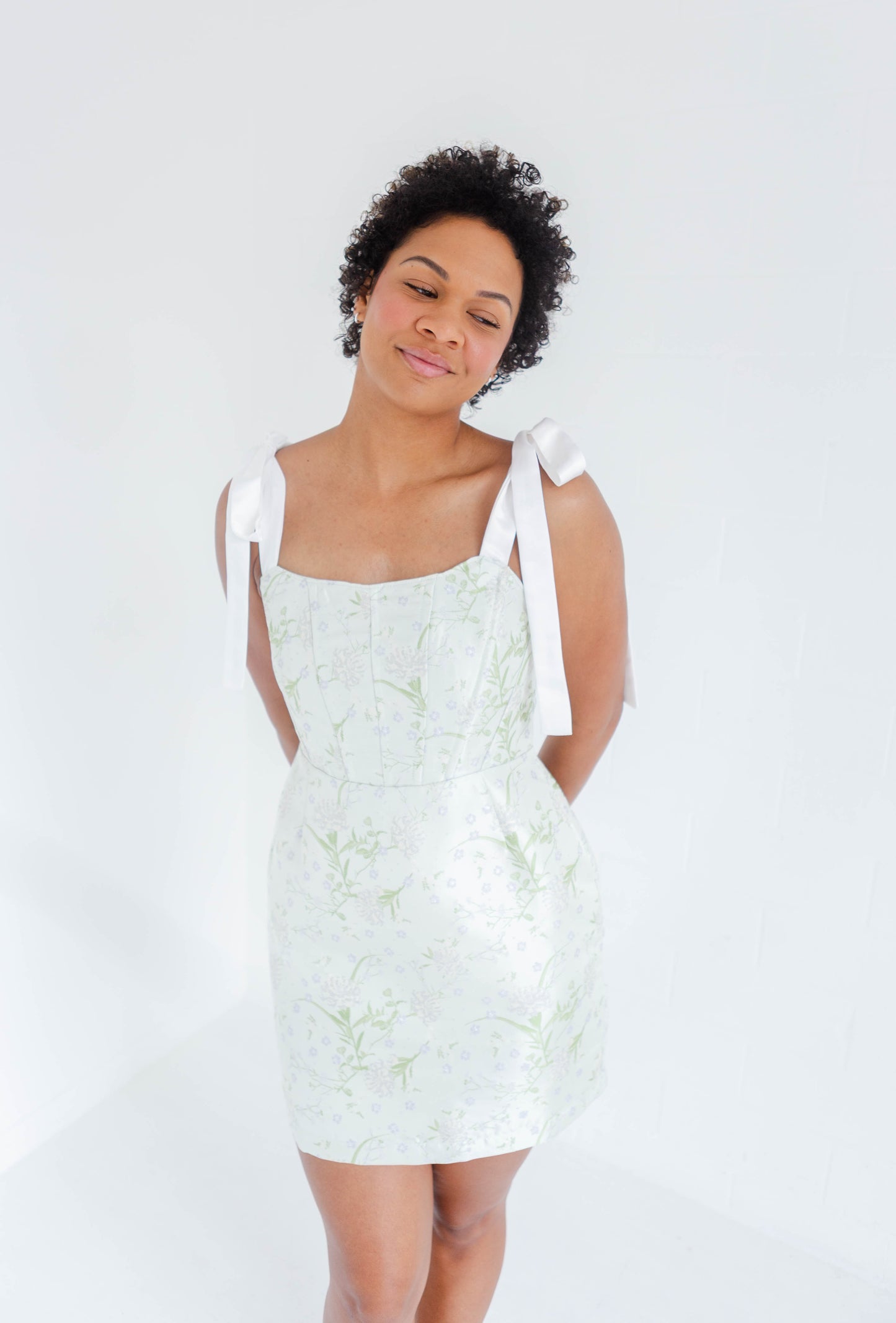 Light Sage Floral Jacquard Corset Mini Dress