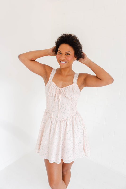 Apricot Floral Ruched Mini Dress