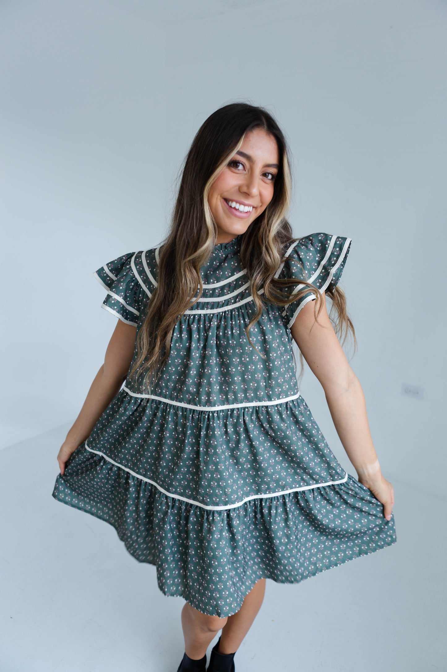 Olive High Neck Floral Mini Dress