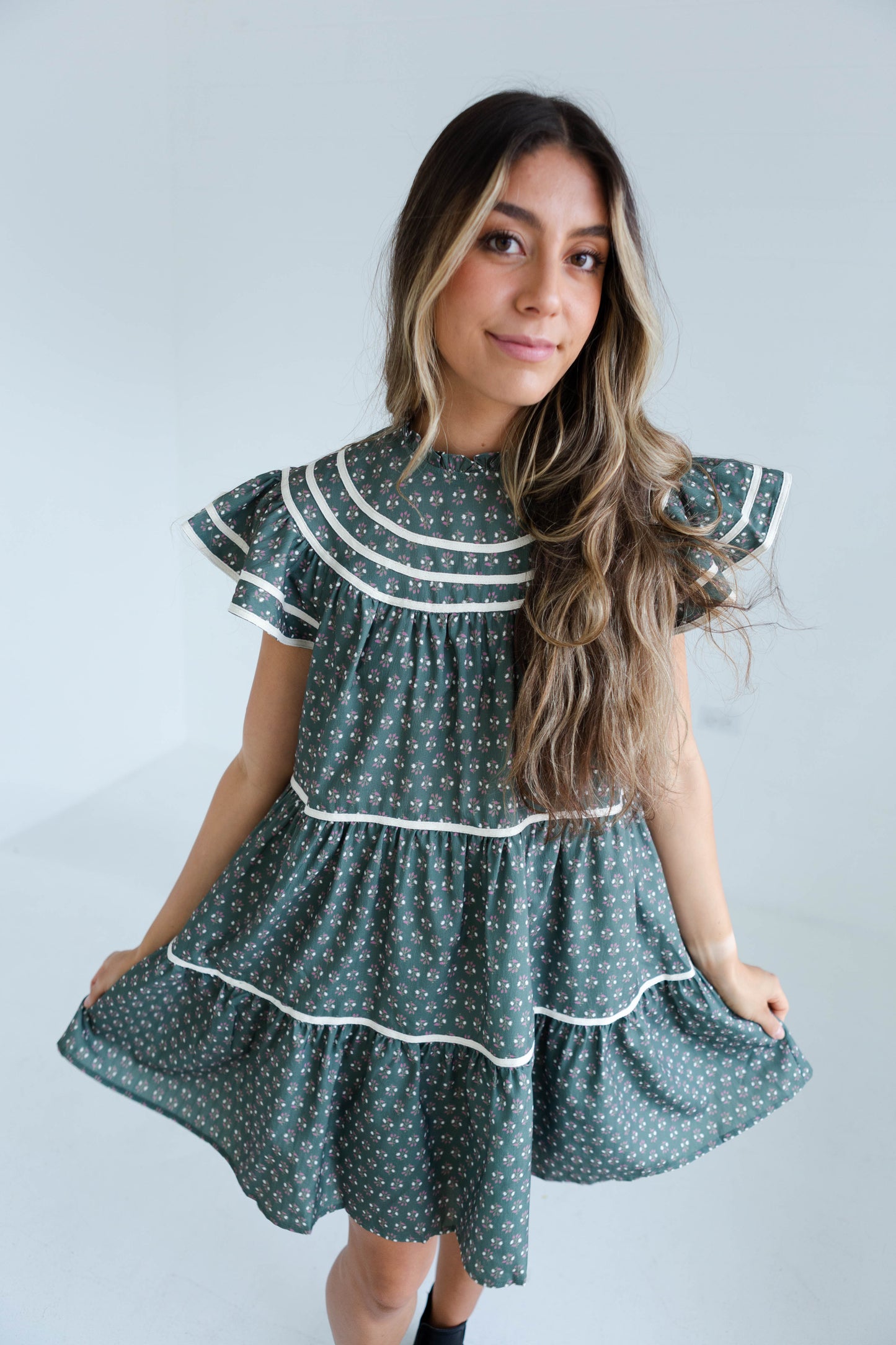 Olive High Neck Floral Mini Dress