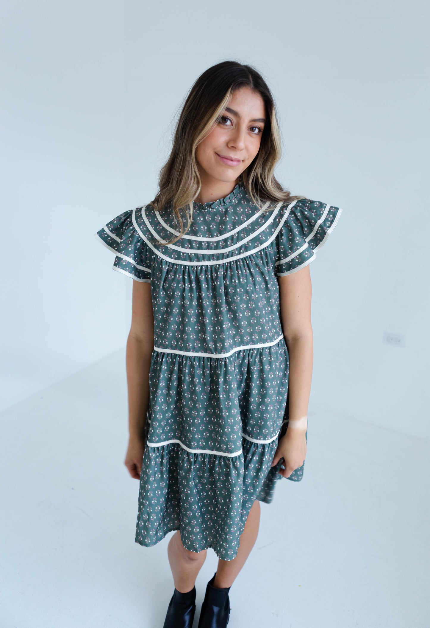 Olive High Neck Floral Mini Dress